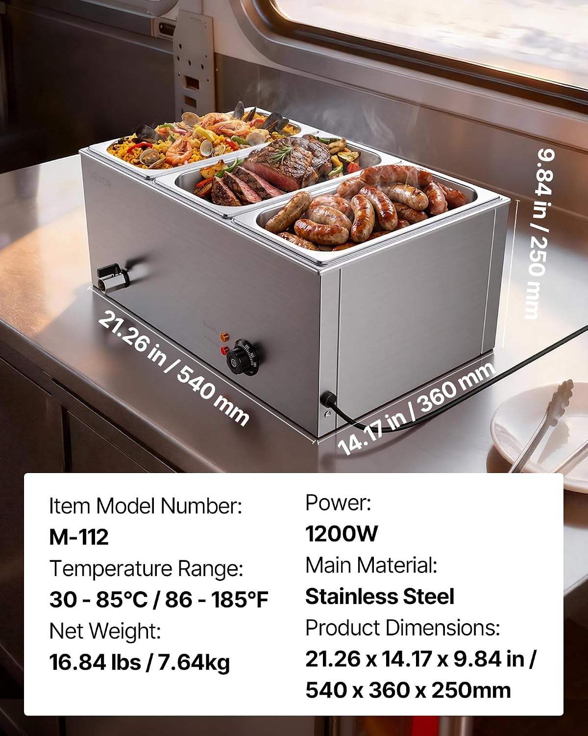 VEVOR 3-Pan Commercial Food Warmer, 24QT Electric Steam Table, 1200W Professional Countertop Stainless Steel Buffet Bain Marie with 86-185°F Temp Control for Catering and Restaurants, Silver