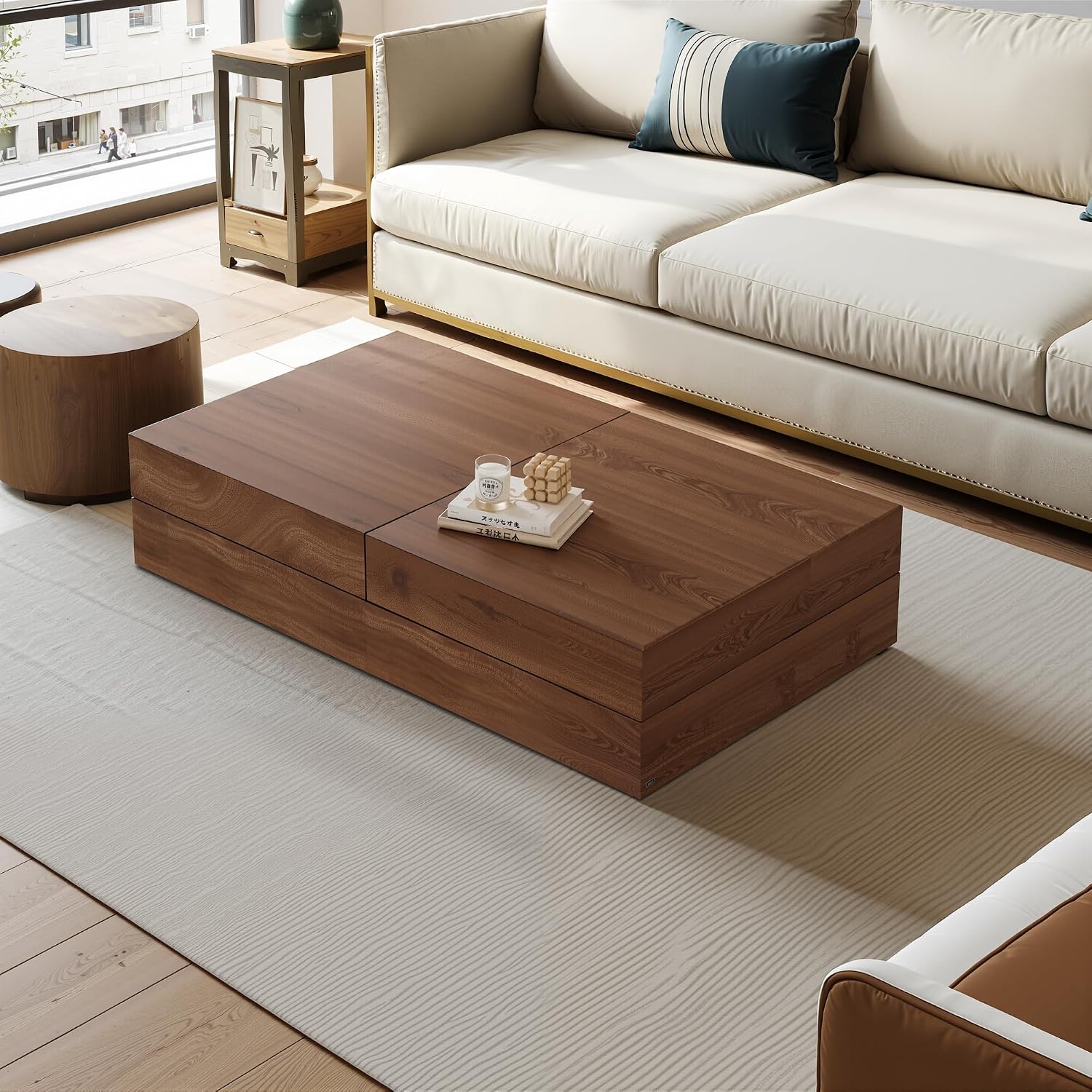Mid-Century Modern Farmhouse 47.2-81.8' Expandable Coffee Table，Adjustable Center Table with Large Storage for Living Room, Walnut