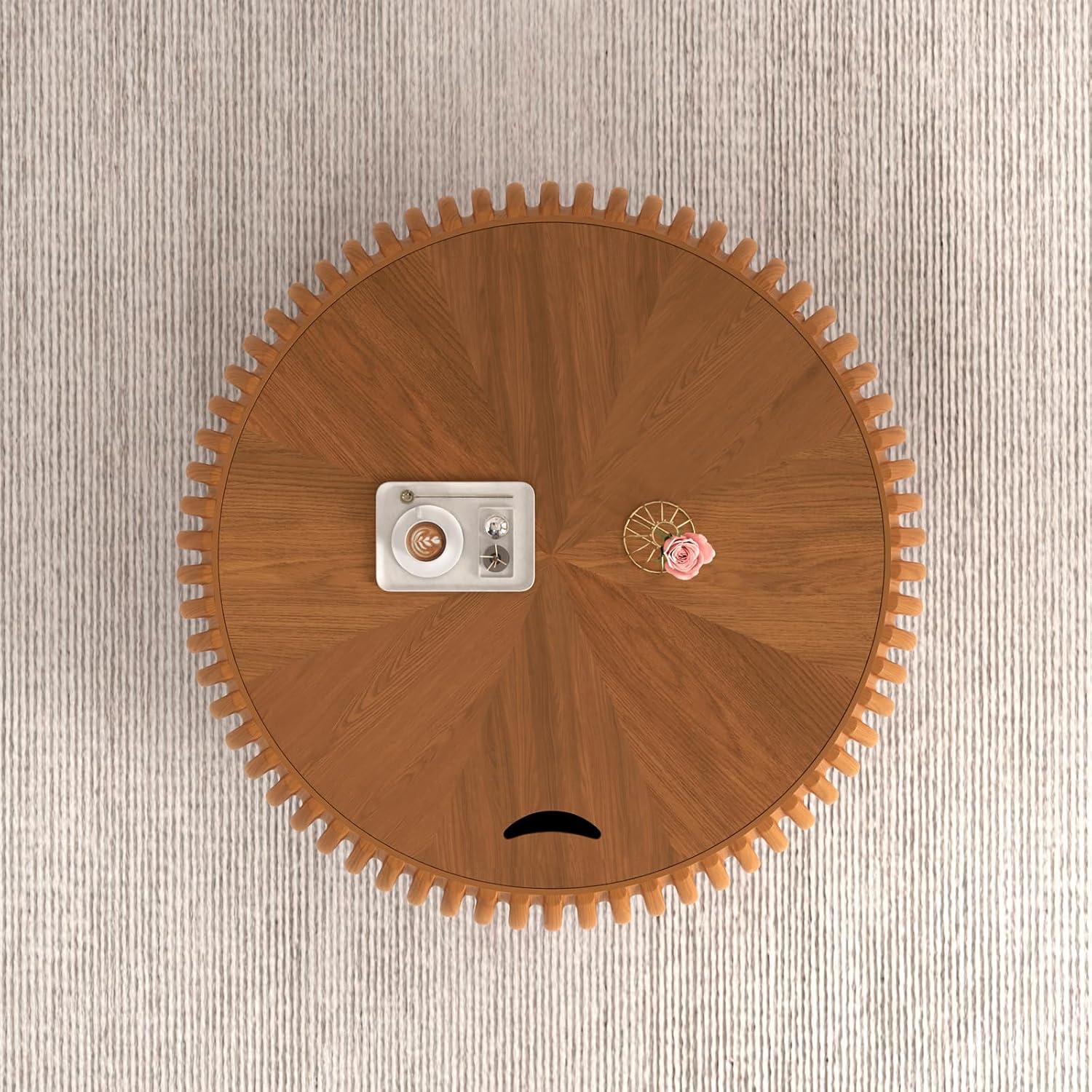 Fluted Round Coffee Table with Storage, 31.5' Modern Drum Wood Coffee Tables with Sturdy Base, Unique Circle Center Tea Table for Living Room Apartment Small Spaces (31.49' Brown with Storage)