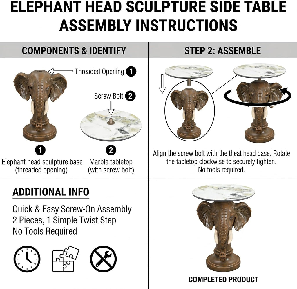 Elephant Sculptural Side Table, 19.69' W x 25.98' H Faux Marble Top, Animal End Table, Unique Accent Table for Living Room,Bedroom, Gift for Housewarming