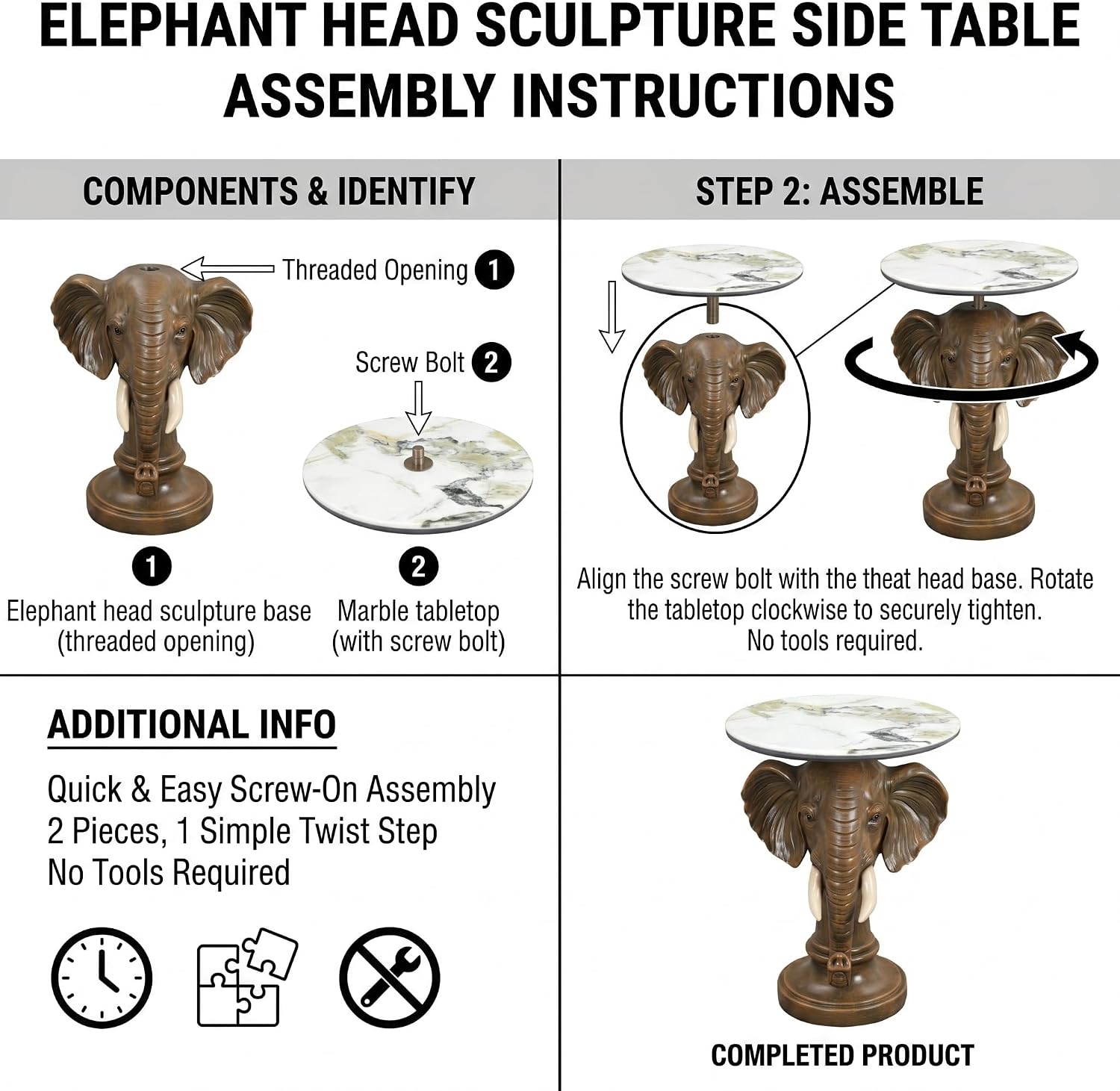 Elephant Sculptural Side Table, 19.69' W x 25.98' H Faux Marble Top, Animal End Table, Unique Accent Table for Living Room,Bedroom, Gift for Housewarming