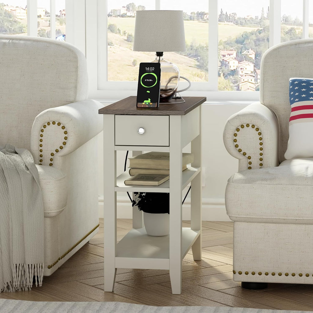 ChooChoo Farmhouse end Table Living Room Set of 2, Sofa Side Table Living Room with Charging Station,Narrow Night Stand with USB Ports & Power Outlets and Hidden Drawer