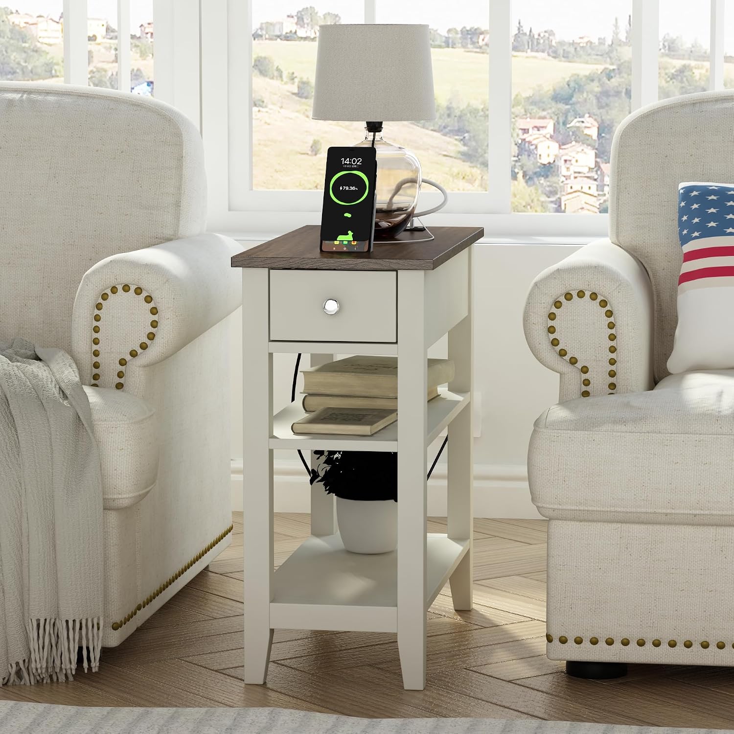 ChooChoo Farmhouse end Table Living Room Set of 2, Sofa Side Table Living Room with Charging Station,Narrow Night Stand with USB Ports & Power Outlets and Hidden Drawer