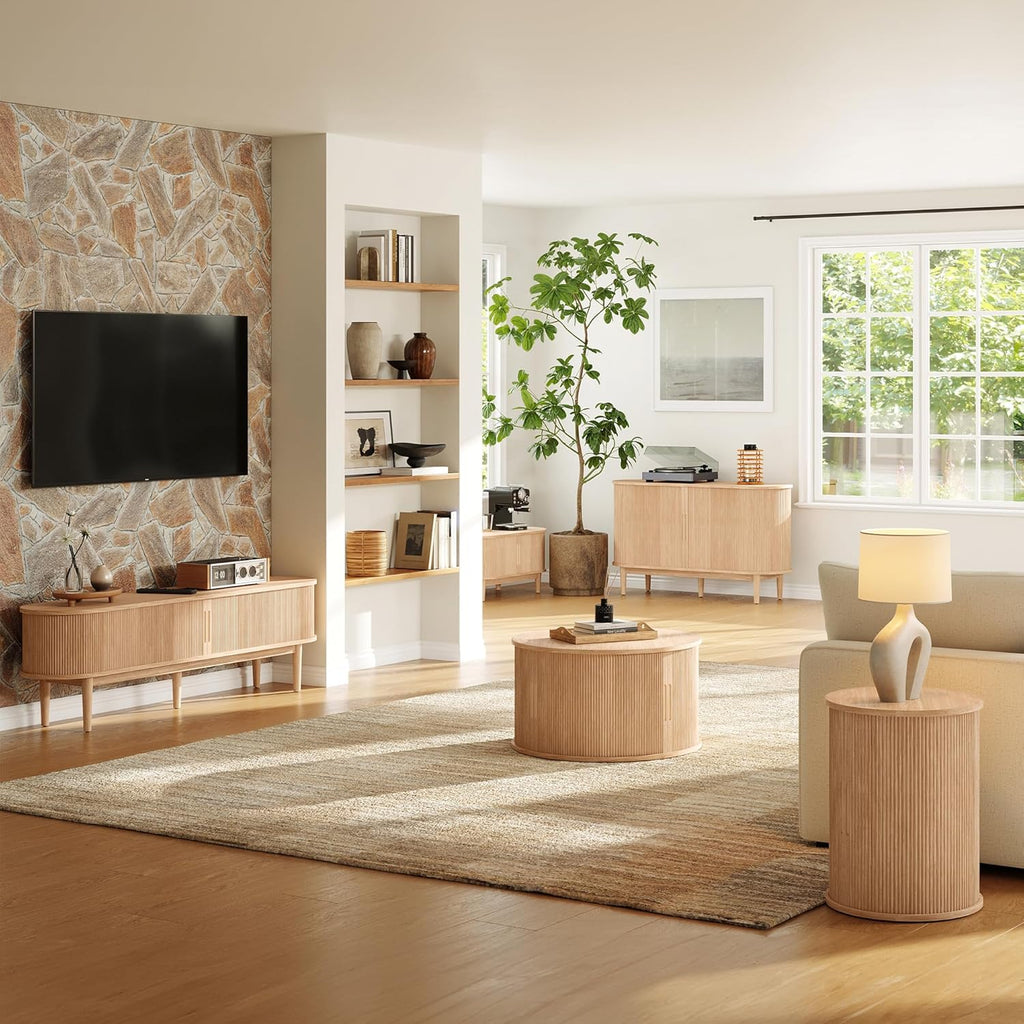 LINSY HOME Round Coffee Table, 31.5' Drum Coffee Table with Sliding Tambour Door, Fluted Accent Center Table with Storage, Mid Century Modern Coffee Table for Living Room, Oak
