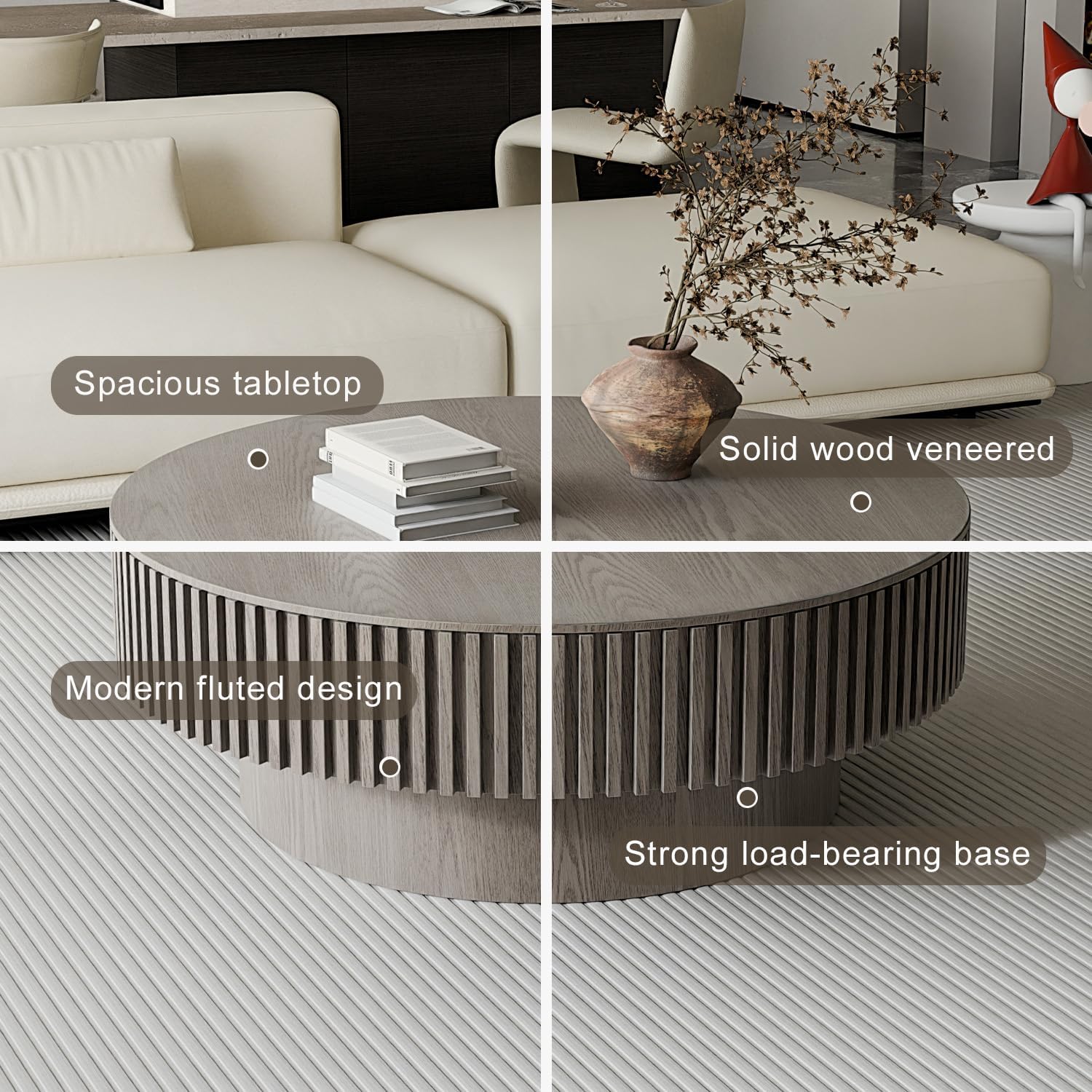39'' Round Coffee Table with Storage, Modern Wooden Coffee Table with Solid Wood Veneered, Circle Center Table Accent Tea Table for Living Room Apartment Grey