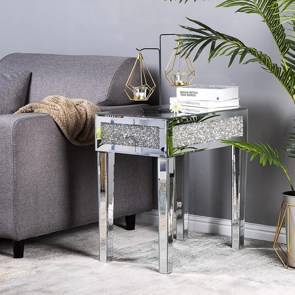 VINGLI Mirrored Narrow End Table Small Sofa/Couch/Bed Side Table with Storage Slim Glass Nightstand for Bedroom/Living Room, Silver