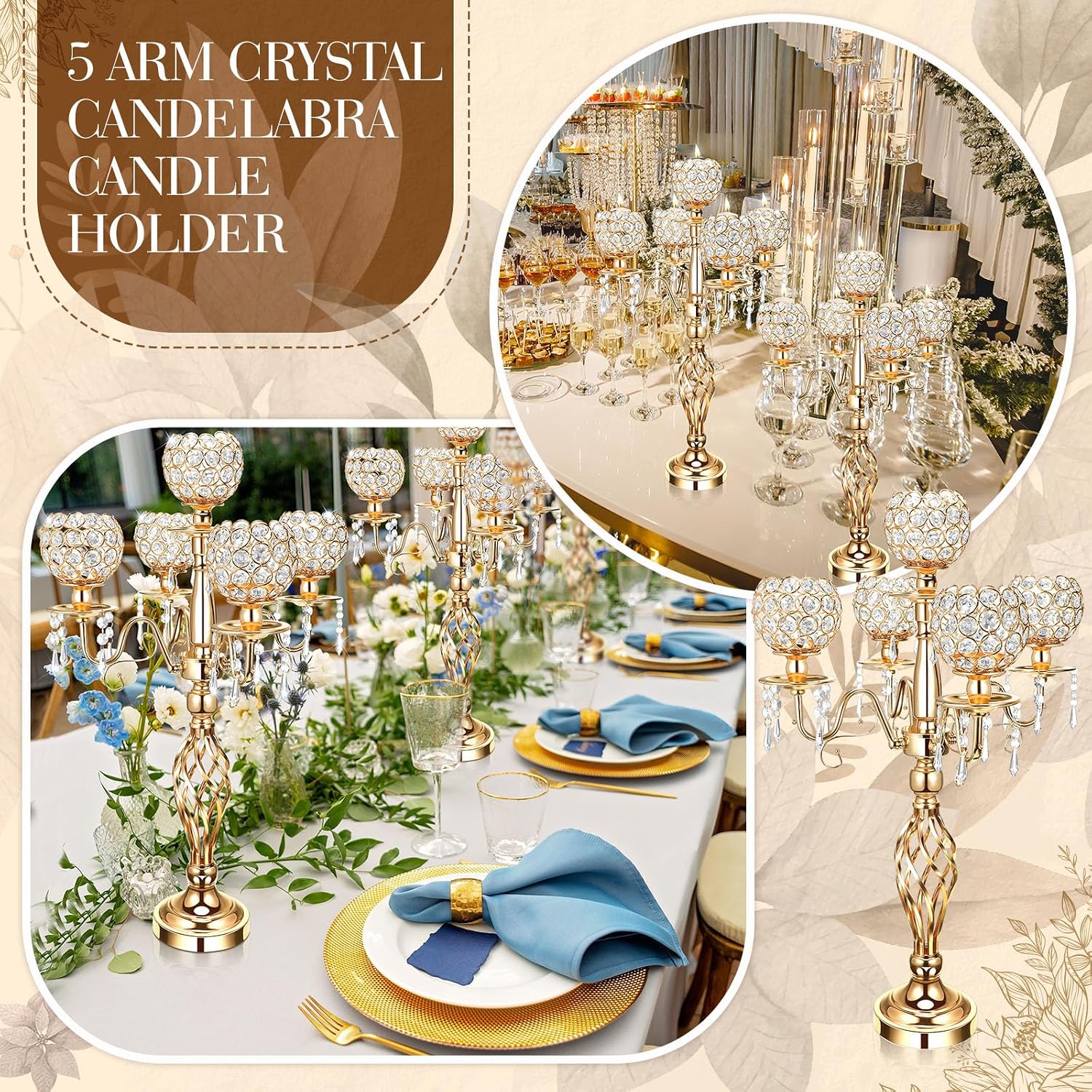 Nitial 4 Pcs 5 Arm Crystal Candelabra Centerpieces for Table 27 Inch Retro Victorian Crystal Candle Holders Bowl Table Centerpieces Decor for Wedding Banquet Valentine Dinner Party Event (Gold)