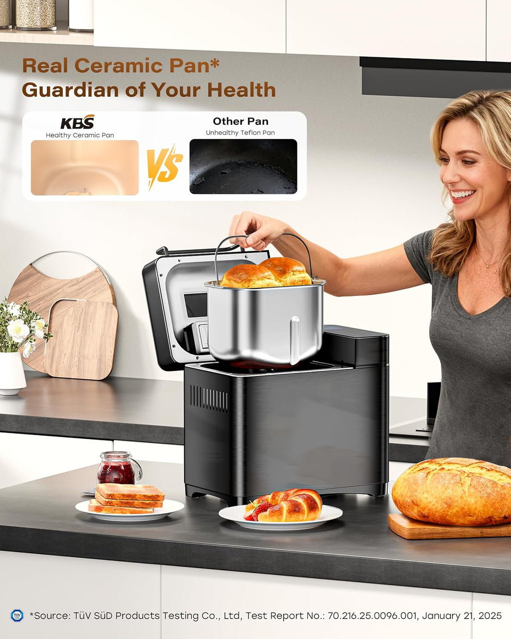 KBS Premium 2LB Convection Bread Maker Dual Heaters, 710W Stainless Steel 17-in-1 Bread Machine Healthy Ceramic Pan, Nut Dispenser,Touch Panel, 3 Loaf Sizes 3 Crust Colors, 15H Timer,Low Noise,Recipes
