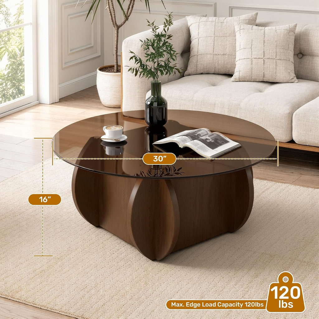 Round Glass Coffee Table, Modern Coffee Table with Glass Top and Wood Base, Minimalist Circle Coffee Table for Living Room, Small Round Coffee Table for Apartment, Office & Lounge, Walnut