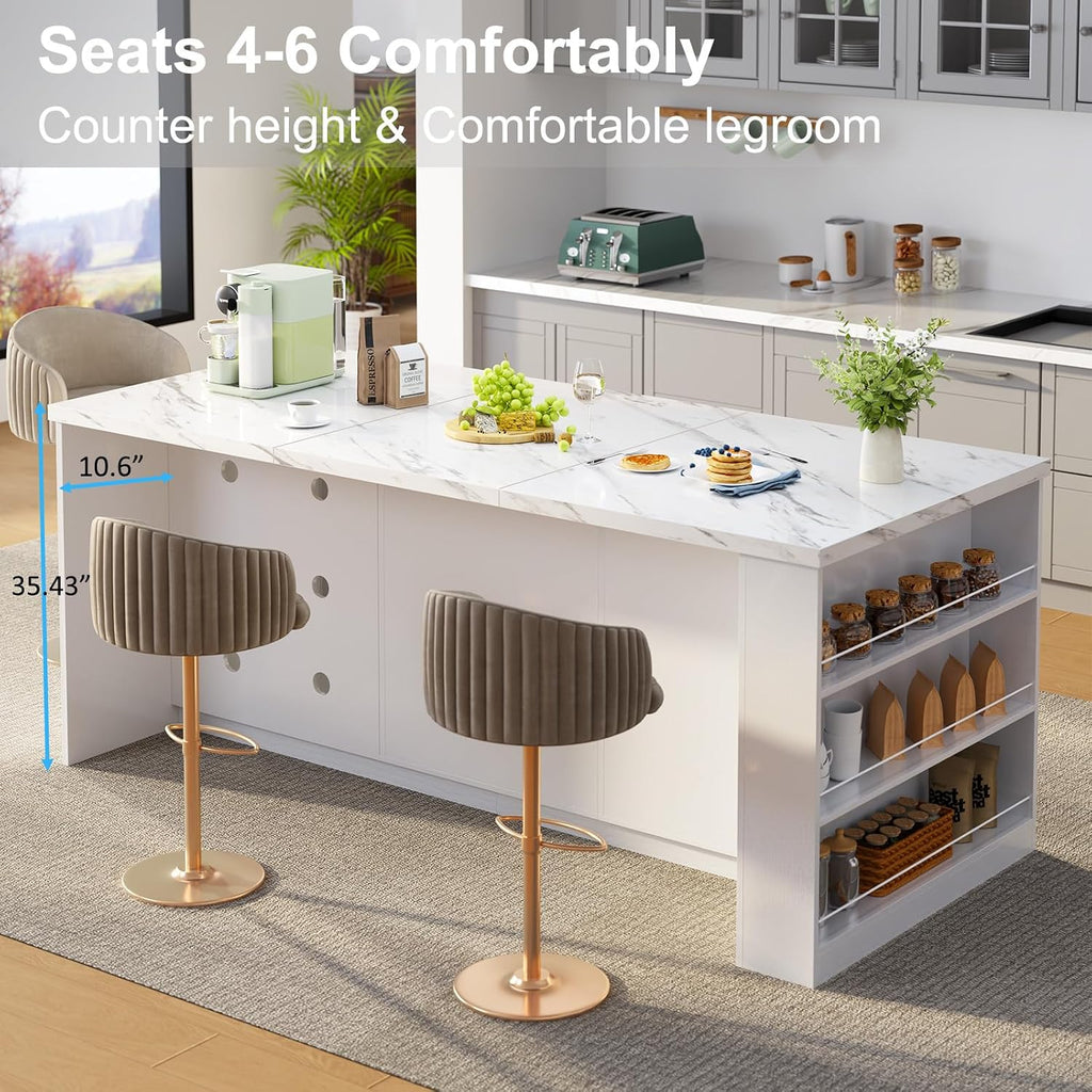 IBF 71' Large Kitchen Island with Storage, White Faux Marble Island table with Seating for 4-6, Stationary Island Cabinet with Drawers & Fridge Space, Modern Wood Counter Height Island Bar, Only Table