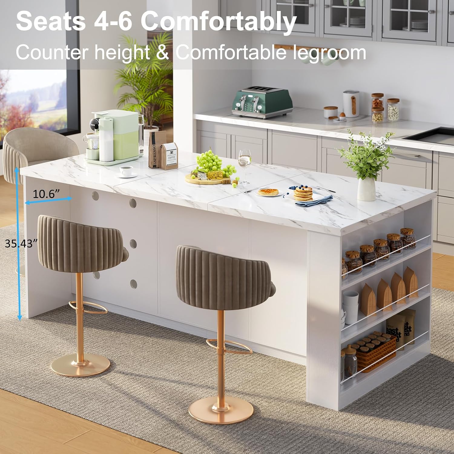 IBF 71' Large Kitchen Island with Storage, White Faux Marble Island table with Seating for 4-6, Stationary Island Cabinet with Drawers & Fridge Space, Modern Wood Counter Height Island Bar, Only Table