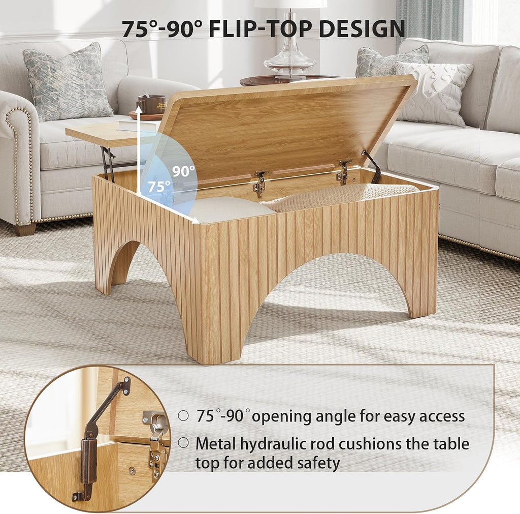 Square Coffee Table, 39'' Large Lift Top Coffee Table with Flip-Top Hidden Compartment Farmhouse Fluted Center Table Wooden Tea Table for Living Room, Apartment, Office (Natural)