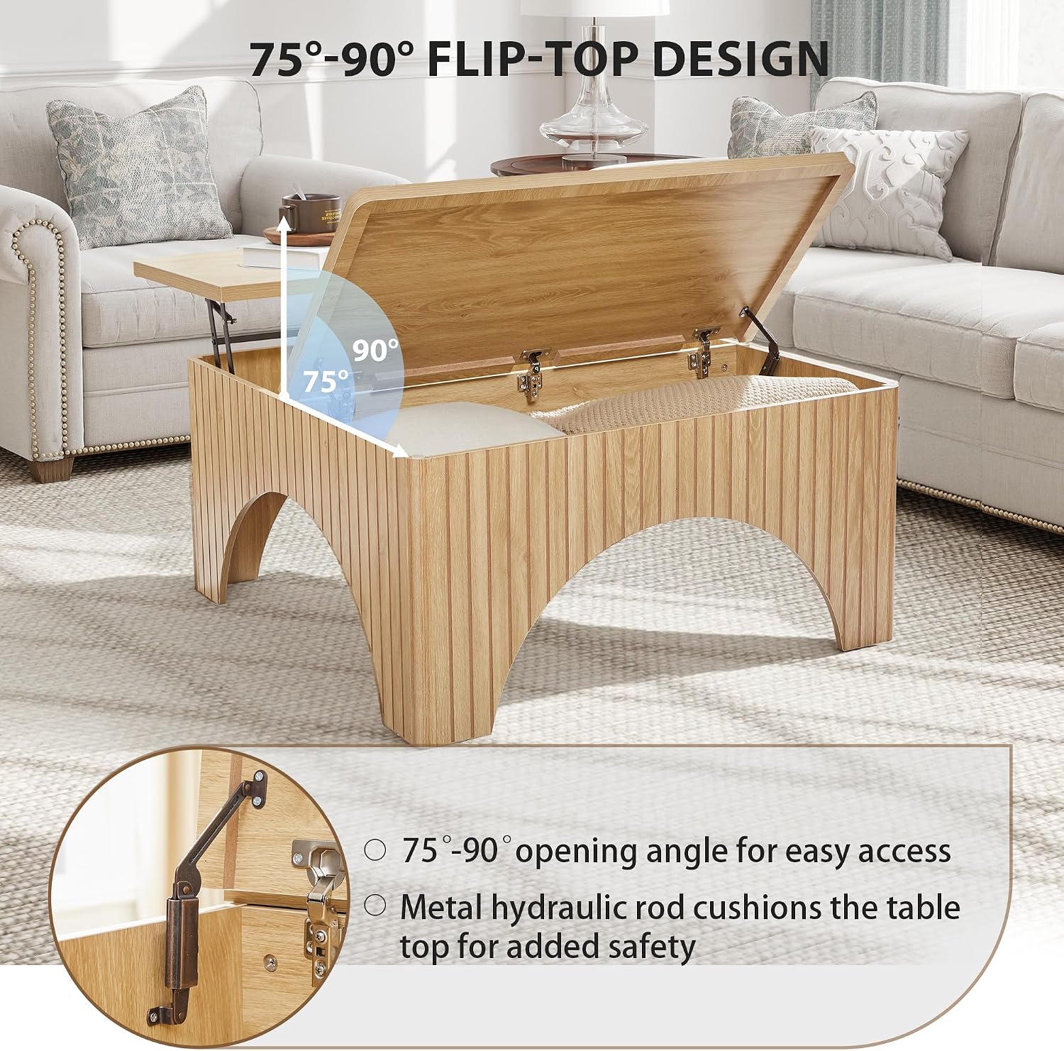 Square Coffee Table, 39'' Large Lift Top Coffee Table with Flip-Top Hidden Compartment Farmhouse Fluted Center Table Wooden Tea Table for Living Room, Apartment, Office (Natural)