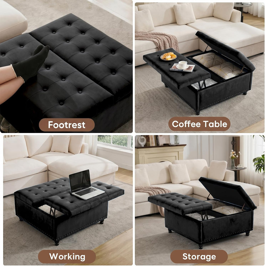 Tbfit Large Square Storage Ottoman Bench, Tufted Upholstered Coffee Table Ottoman with Lift Top & Wooden Legs, Oversized Storage Ottomans Toy Box for Living Room (Black Velvet)