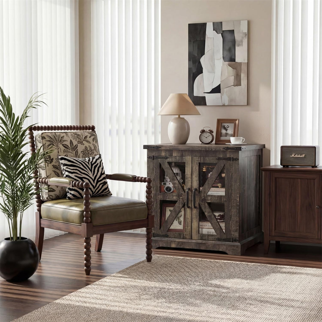 Farmhouse End Table, 24' Large End Tables with Storage, Rustic Square Sofa Beside Table with Glass Barn Door, Wood Side Table Square Nightstand for Living Room, Bedroom, Office (Antique Finish)