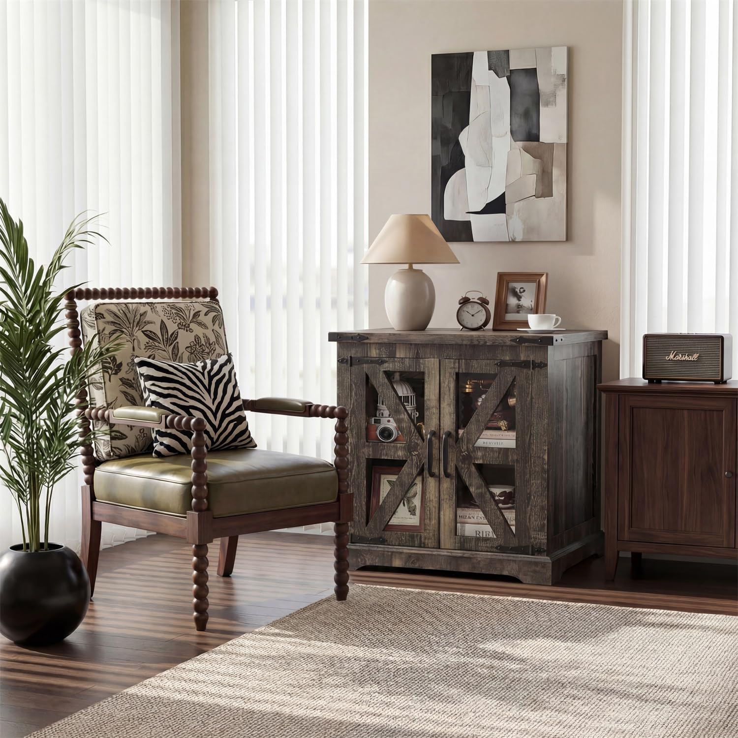 Farmhouse End Table, 24' Large End Tables with Storage, Rustic Square Sofa Beside Table with Glass Barn Door, Wood Side Table Square Nightstand for Living Room, Bedroom, Office (Antique Finish)