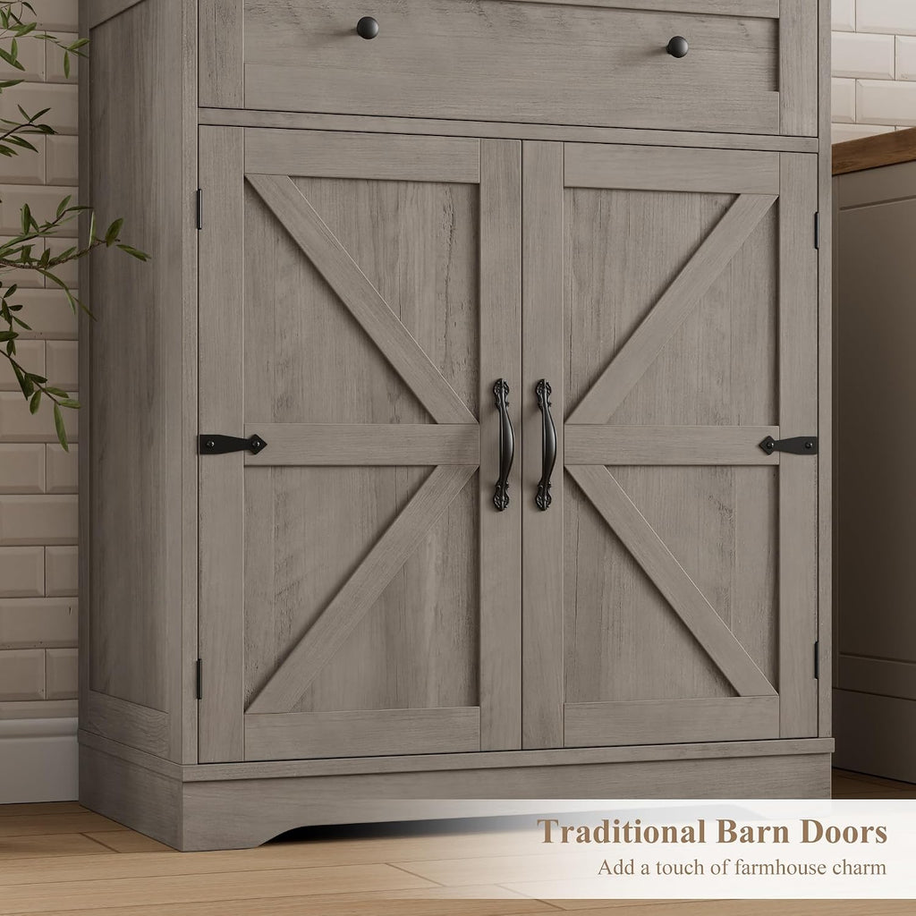 HOSTACK 71' Tall Pantry Cabinet, Farmhouse Kitchen Pantry with Storage Shelves, Barn Doors Food Storage Cabinet, Freestanding Kitchen Hutch with Large Drawer for Dining Room, Living Room, Ash Gray