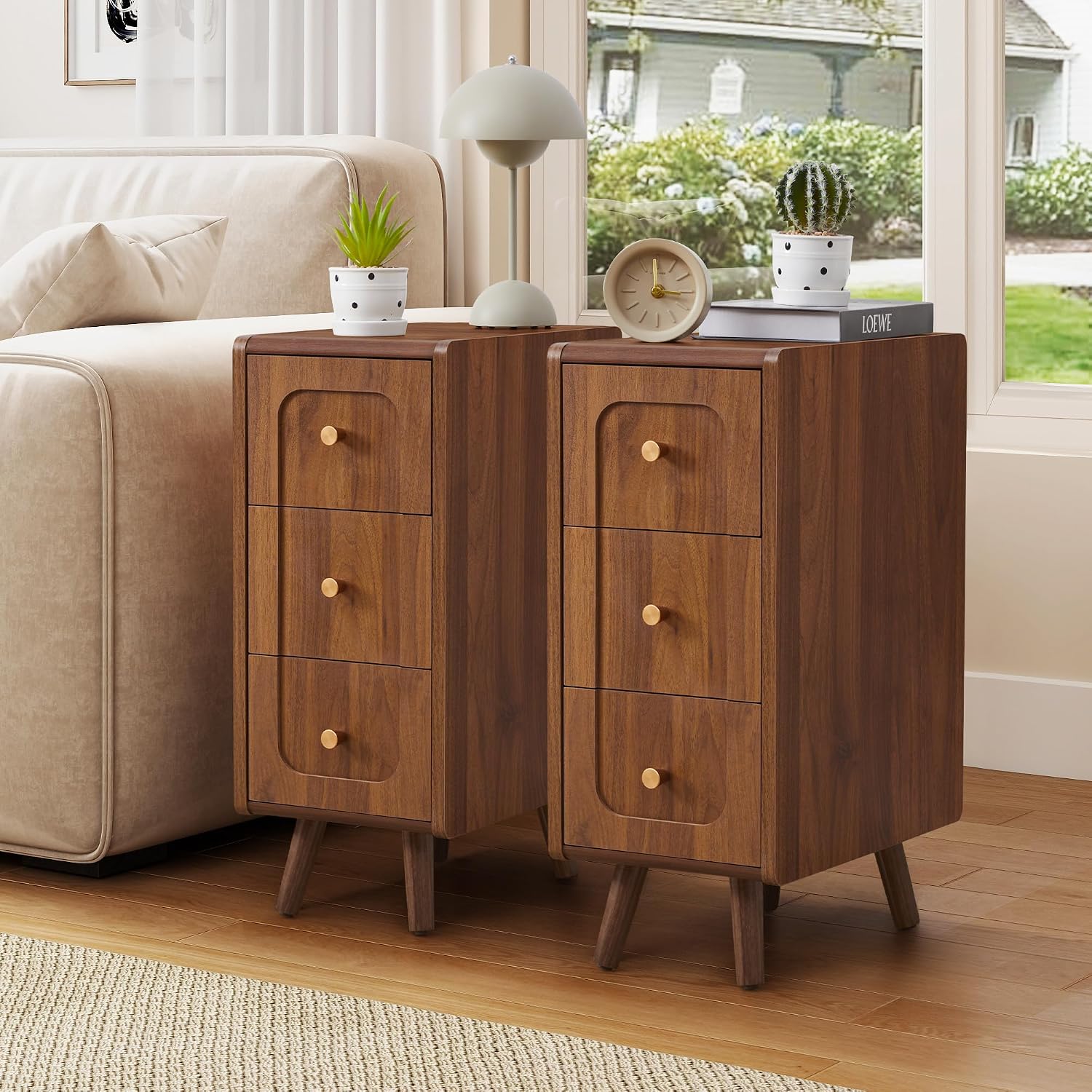 Small Nightstand Set of 2, Narrow Nightstand Slim Couch Side Table with Drawers, Wood End Tables with Storage for Living Room, Bedroom, Small Spaces (Walnut-2pcs)