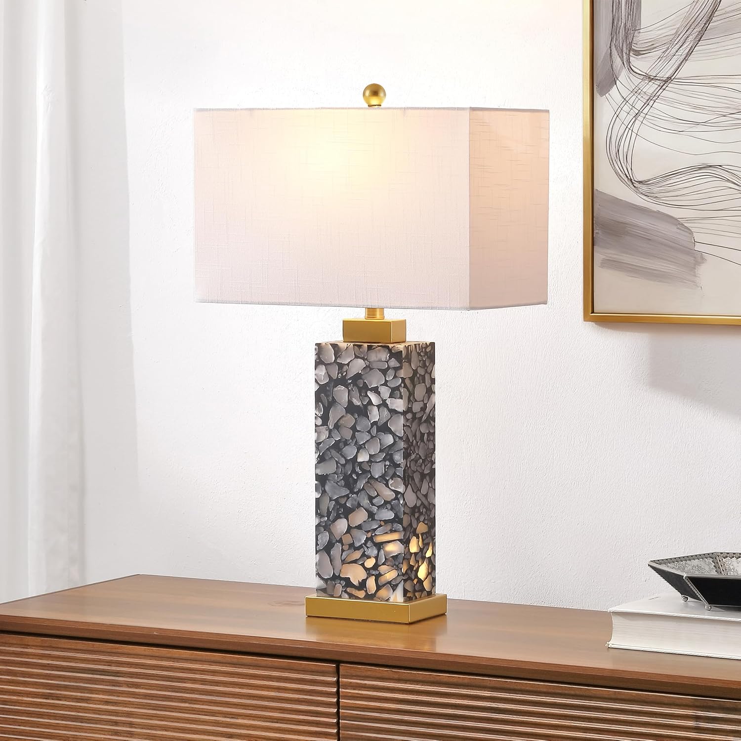 JONATHAN Y 27.5' Black Alabaster Gold Rectangular Table Lamp with Night Light Contemporary Coastal Bedside Lamp for Bedroom with White Linen Shade LED Bulbs Included JYL6201C