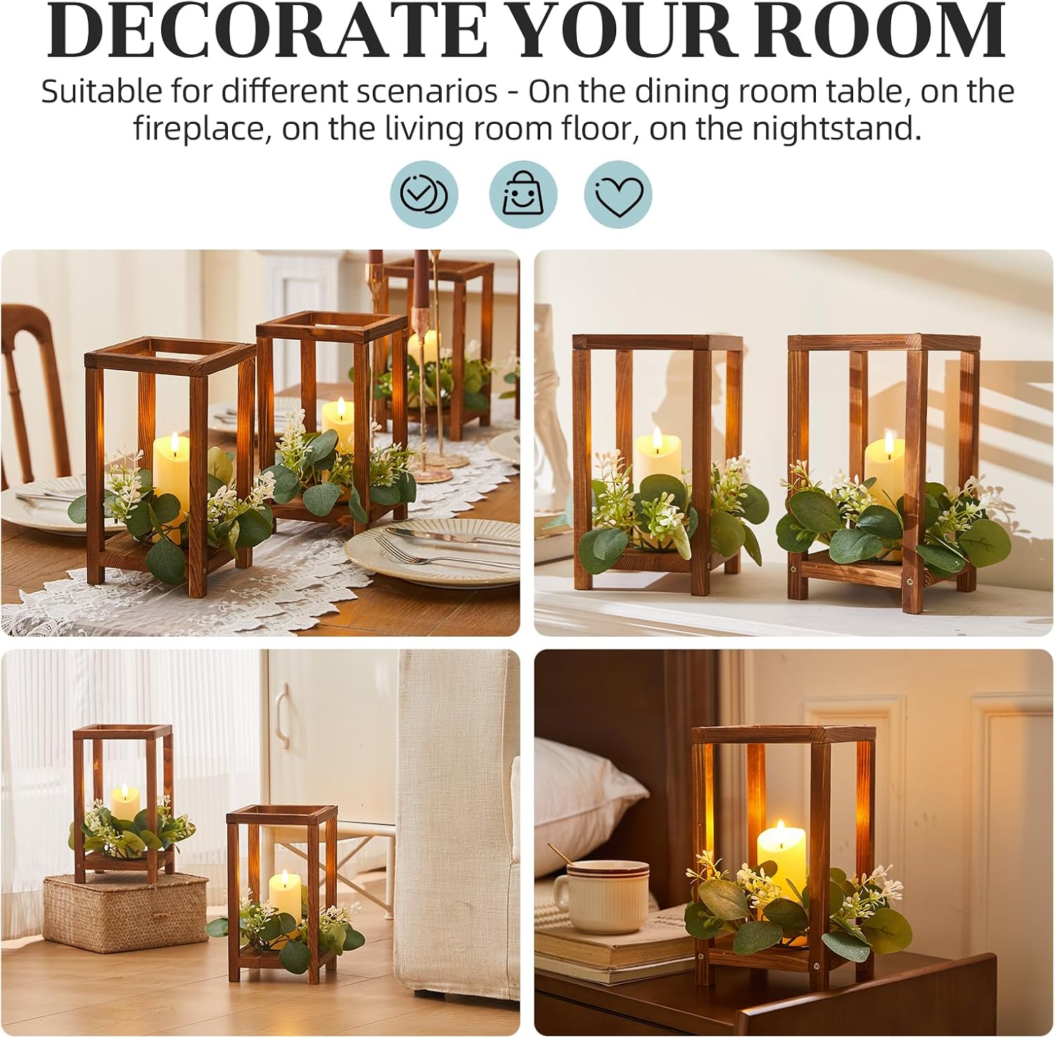 48 Pcs/16 Set Wooden Wedding Lantern Centerpiece,Wooden Centerpieces for Tables-with 16 Holders 16 Candles 16 Wreaths for Rustic Table Decoration Country Barn Wedding Party (Brown)