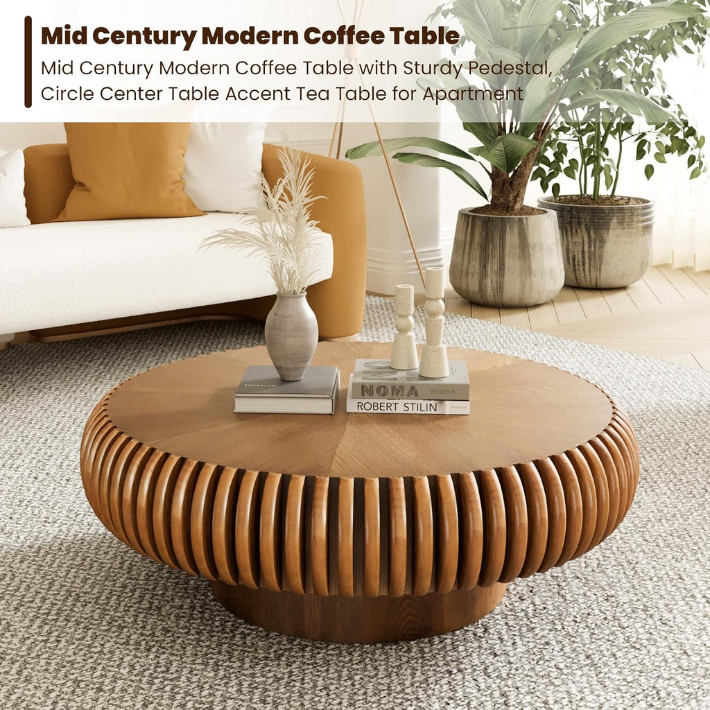 Round Drum Coffee Table for Living Room, Mid Century Modern Coffee Table with Sturdy Pedestal, Farmhouse Fluted Circle Center Table Accent Tea Table for Apartment (31.5' Brown)