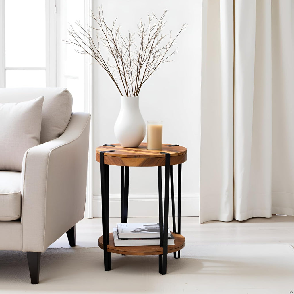 Ryegate 2-Tier Round Acacia Wood & Metal End Table with Bottom Shelf – Rustic Modern Accent Table with Live Edge, Natural Finish and Metal Straps for Living Room or Bedroom by Alaterre Furniture