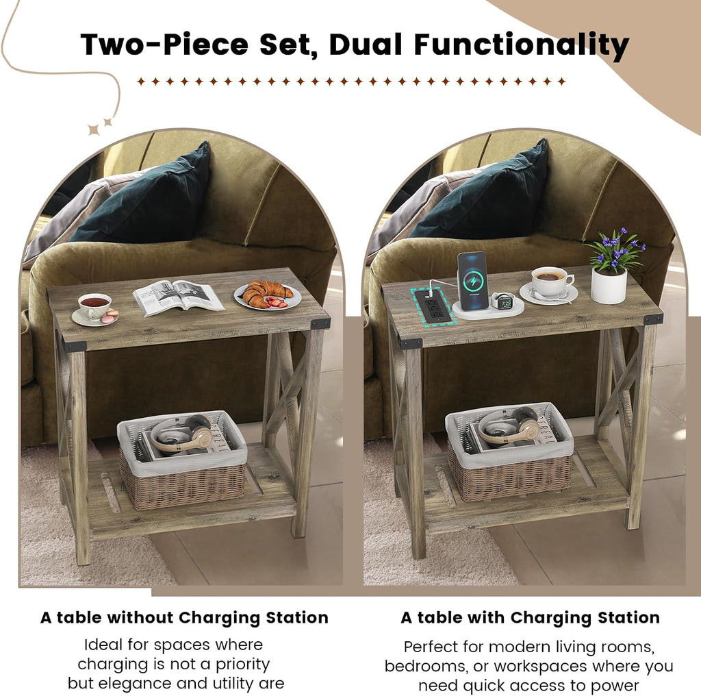 Hadulcet Farmhouse End Tables Living Room Set of 2 - Narrow Side Table with Charging Station, Slim Nightstand for Small Space, Skinny Bedside Table, Sofa Side Table with Storage Shelf, Elegant Gray