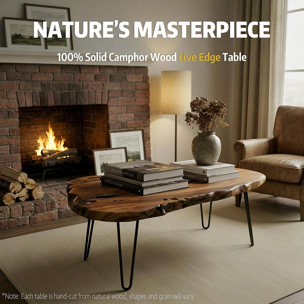 Live Edge Coffee Table, Large Natural Wood Coffee Table for Living Room, Unique Wooden Table with Easy Assembly & Solid Wood Construction
