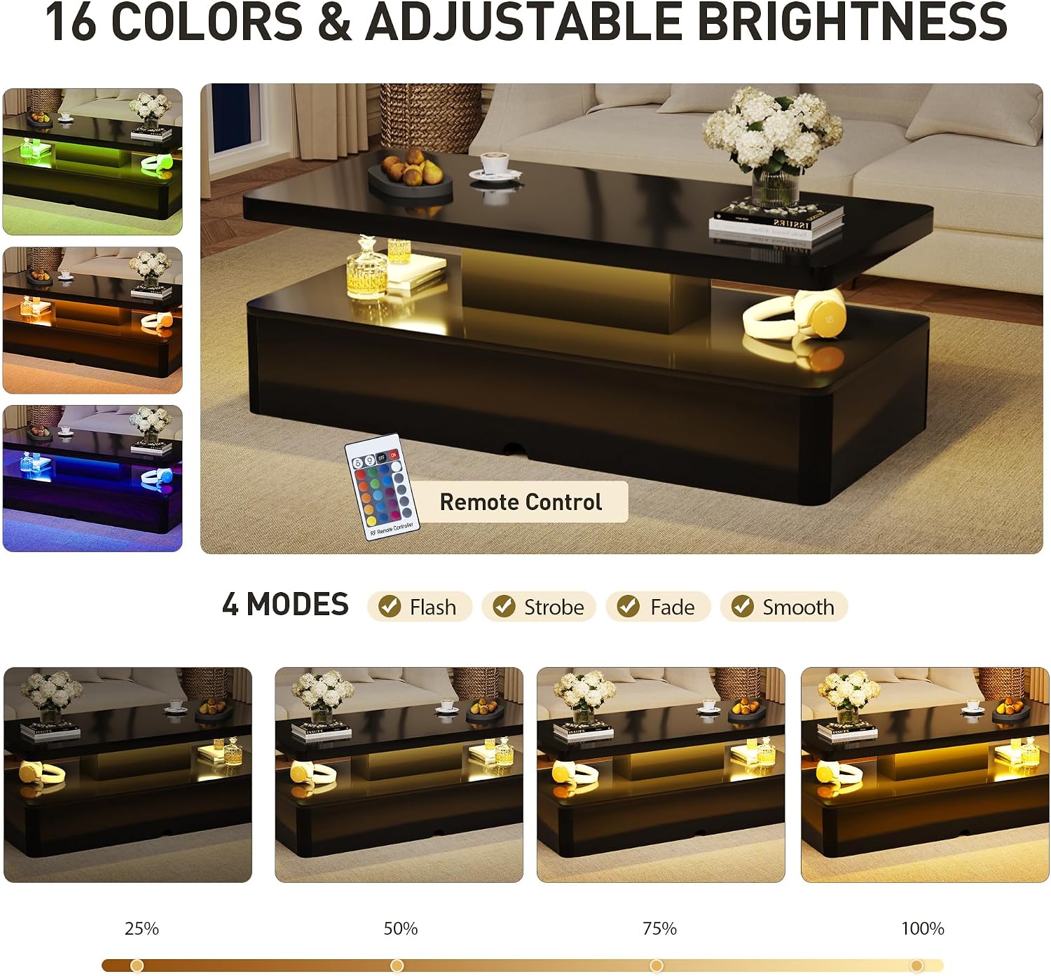 40' Modern Coffee Table with 16 Colors LED Lights, 2 Tier Rectangular Center Table with Large Storage Space, Stylish High Glossy Wooden Tea Tables for Living Room, Bedroom, Home Office, Black
