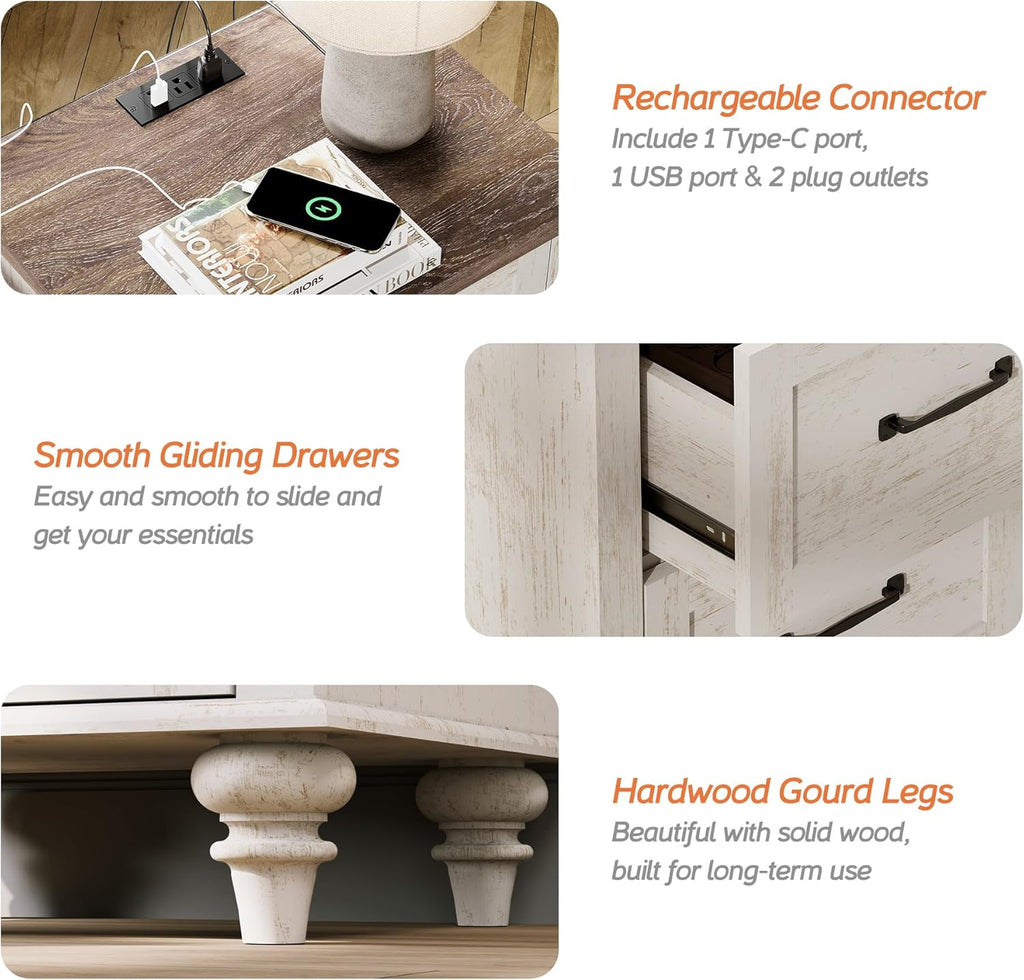 WAMPAT Antique White Side Table Nightstand with Charging Station, Wood End Table with 2 Drawers for Living Room, Rustic Night Stand Farmhouse Bedside Table for Bedroom, Kids Room