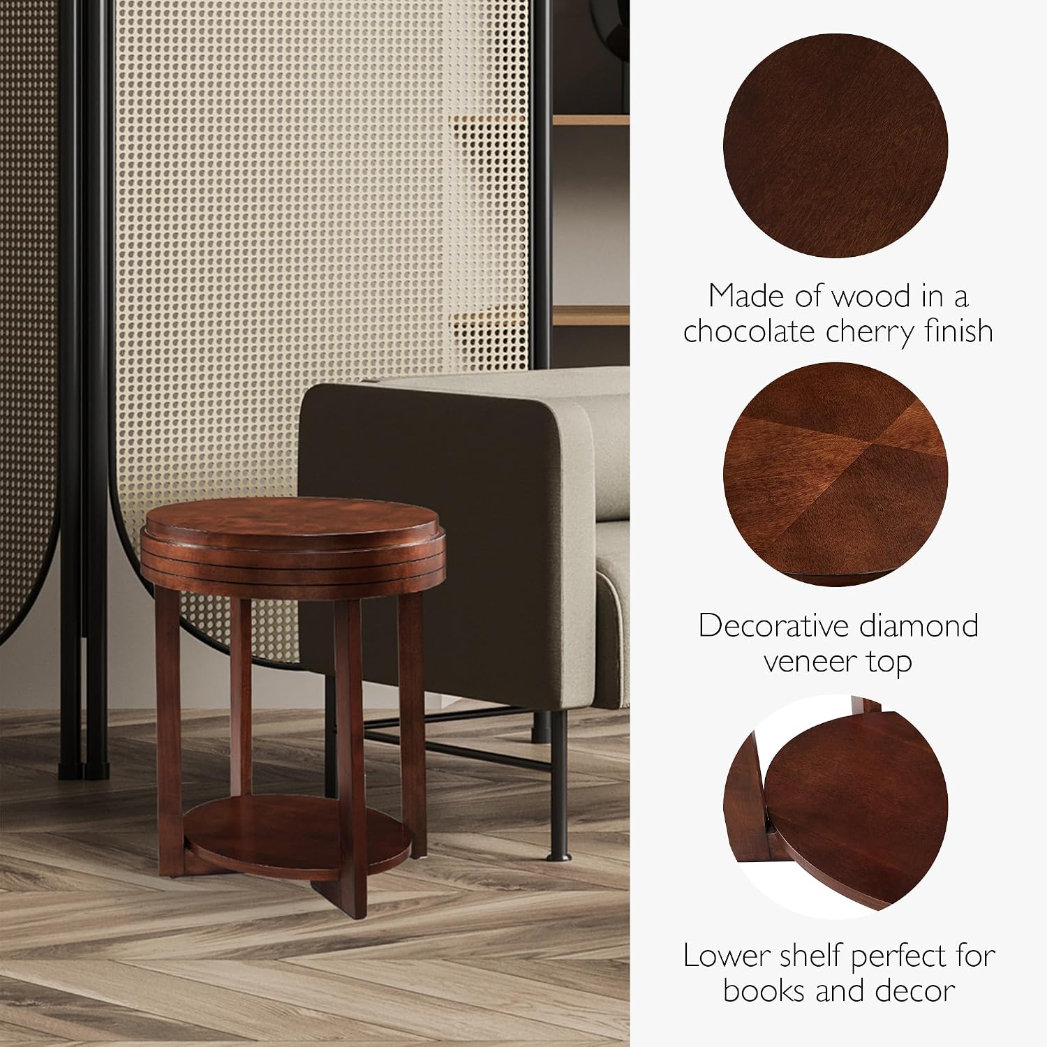 Leick Home Teo End Table, Solid Wood, Oval, with Shelf, for Living Room and Small Spaces, Chocolate Cherry, 10107-CH