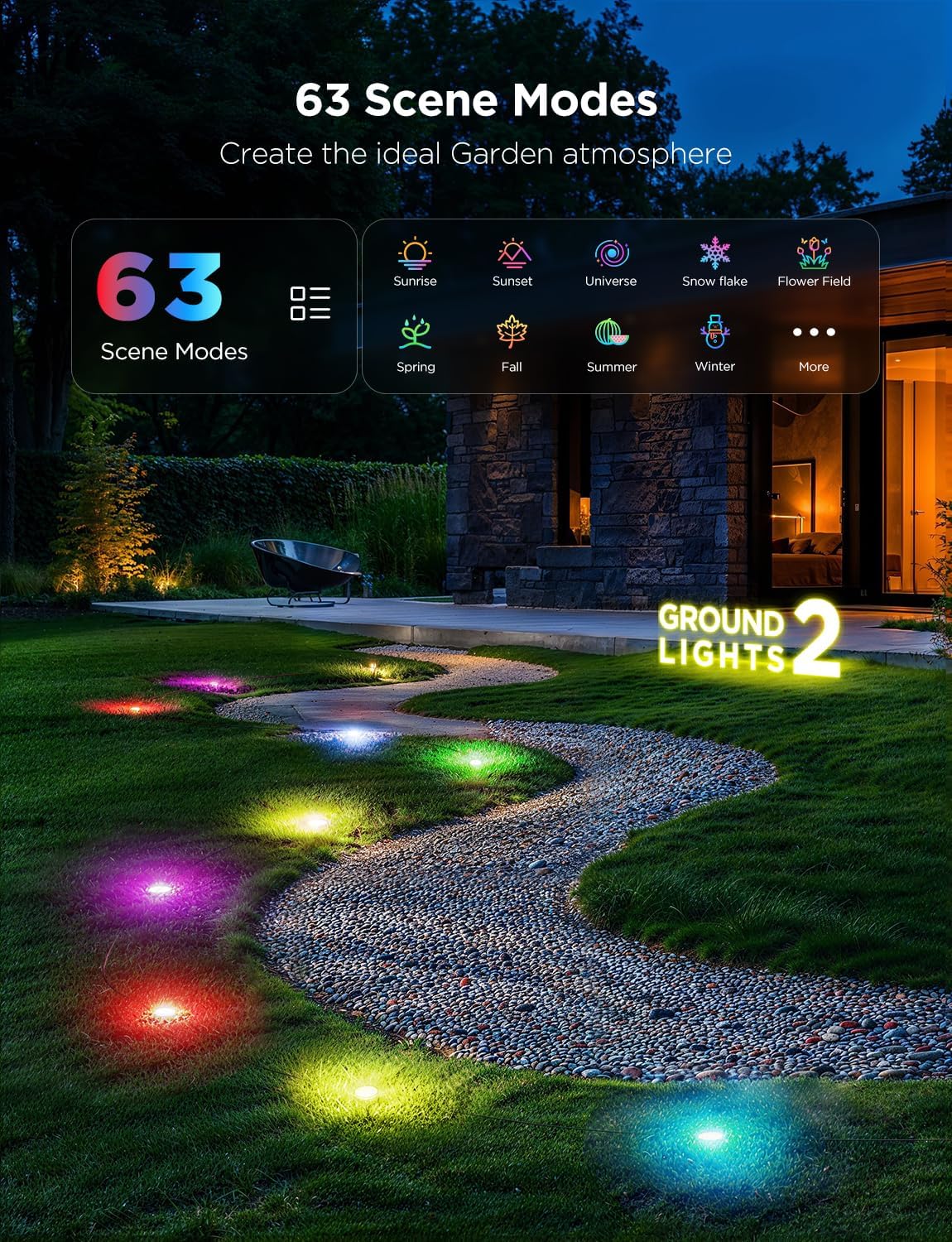 Govee Outdoor Ground Lights 2, 50ft Patio Decorations, 15 Pack RGBIC Pathway Lights with 100LM Warm White, IP67 Waterproof, 63 Scene Modes, Works with Alexa, Google Assistant