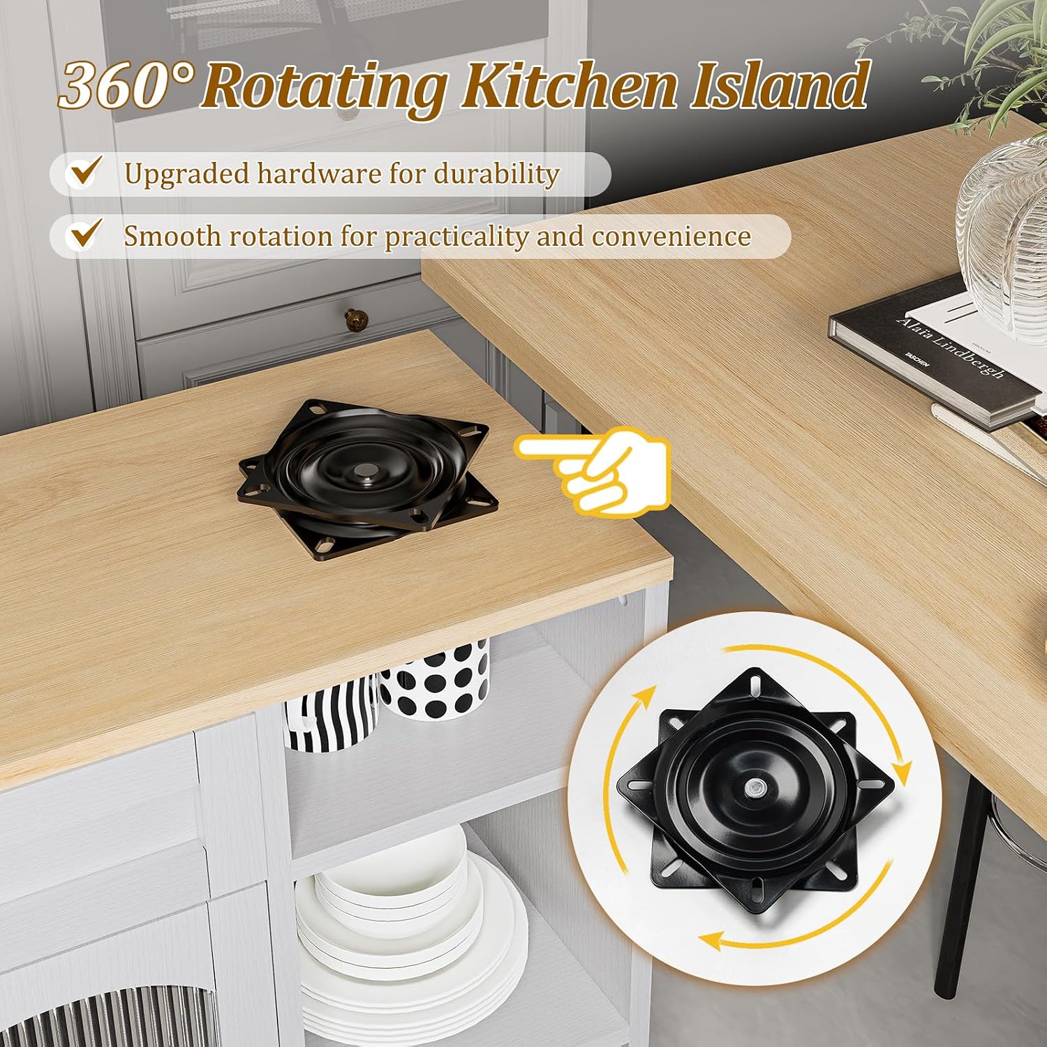LYNCOHOME 71.1' Rolling Kitchen Island with 360° Rotating Tabletop, Mobile Lockable Wheels & Adjustable Shelves, Multifunctional Storage Cart for Kitchen & Dining（White）