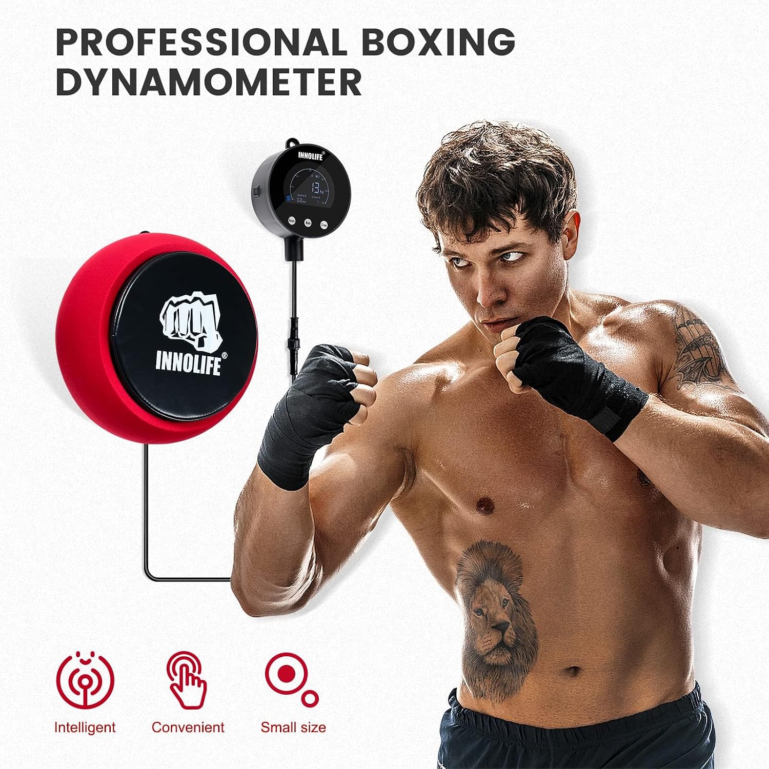 INNOLIFE Professional Boxing Dynamometer – High-Accuracy Punch Power Tracker with Soft Punching Pad and LCD Display, 1543Lbs Capacity, KG/LB/N Unit Switch