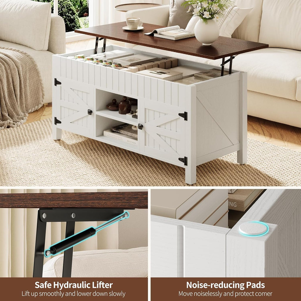 47.3' Lift Top Coffee Table with Storage - White Coffee Tables for Living Room, Farmhouse Wood Center Table, Large Rectangle Middle Tables with Hidden Compartment & Adjustable Shelf