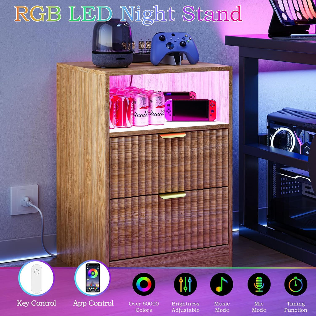 Night Stand Set 2, LED Nightstand with Charging Station, Fluted Nightstands Set of 2 with 2 Drawers, Wood Side Table Living Room, End & Bedside Tables for Bedroom Sofa Office, Natural Oak