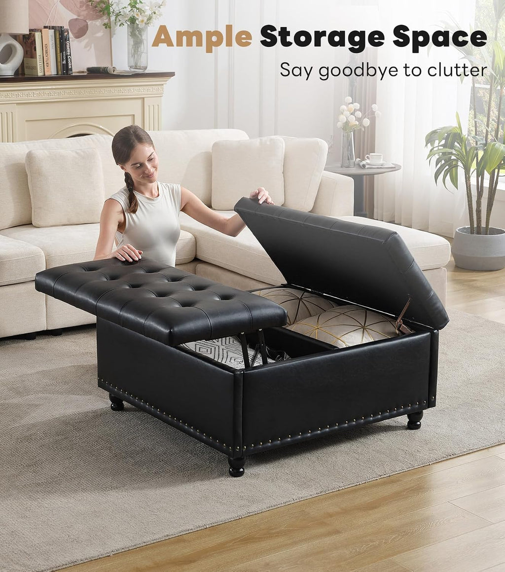 Tbfit Large Square Storage Ottoman Bench, Tufted Upholstered Coffee Table Ottomans with Lift Top & Solid Wood Legs, Oversized Storage Ottomans Toy Box for Living Room (Black)