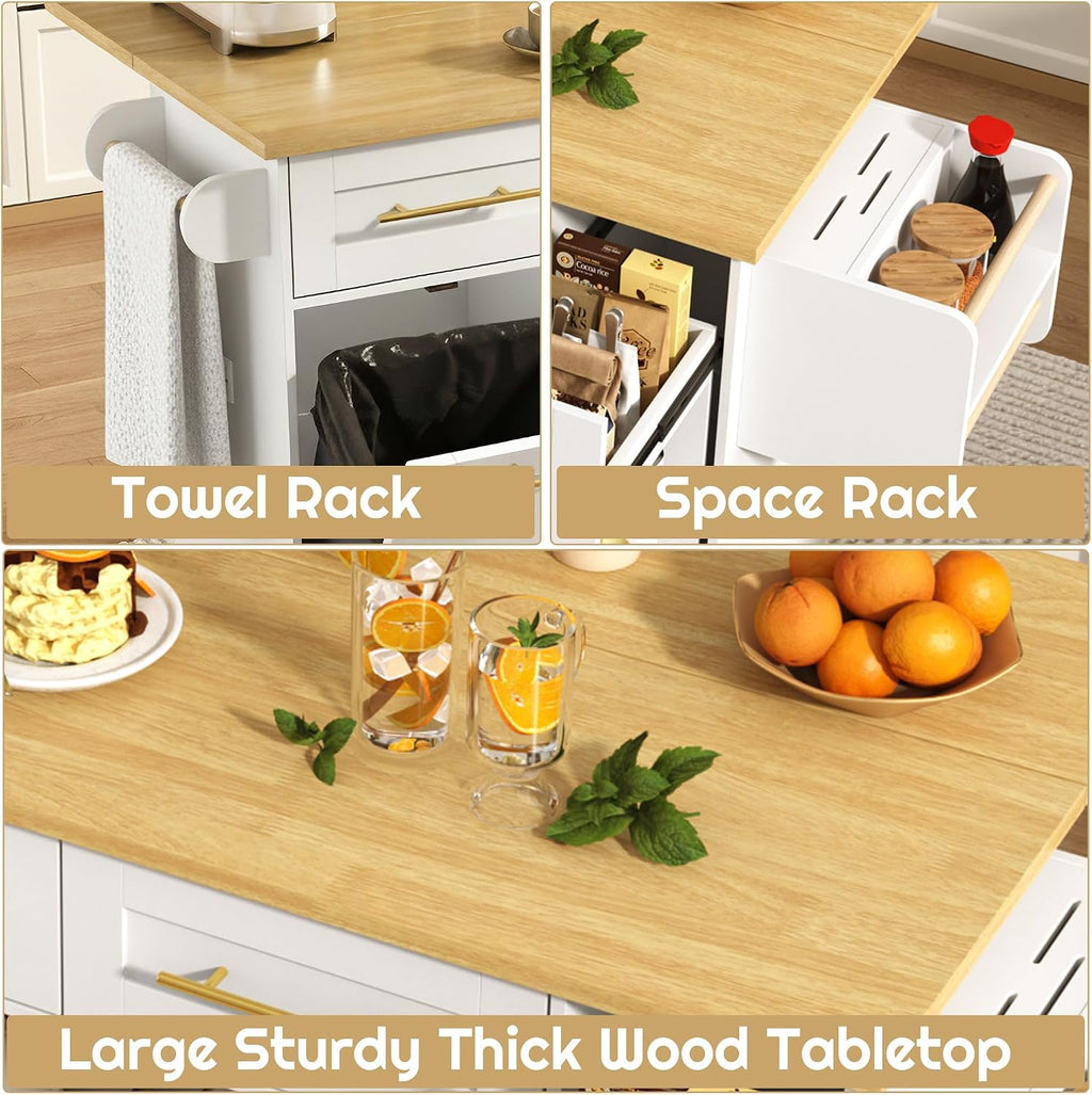 St.Mandyu 69' Large Kitchen Island on Wheels, Kitchen Rolling Island Cart with Trash Storage Cabinet, Power Outlet, 3-Tier Pull-Out Storage Trays, Drop Leaf, Mobile Island Table for Kitchen, White