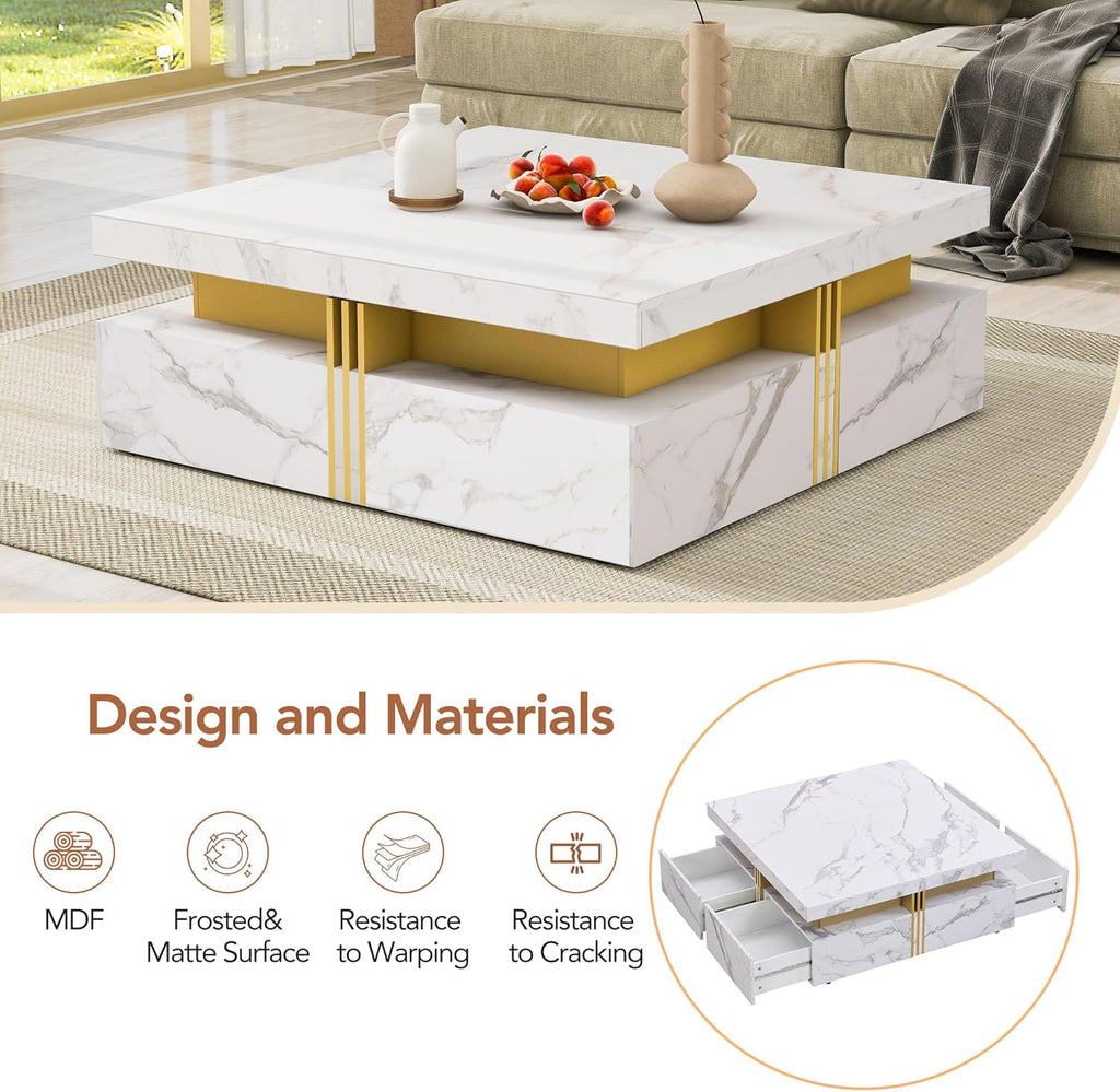 Merax 43.3' Modern Square Storage Coffee Table with 4 Drawers, with Marbling Gold Accents, Functional Center Tables for Living Room Apartment, White
