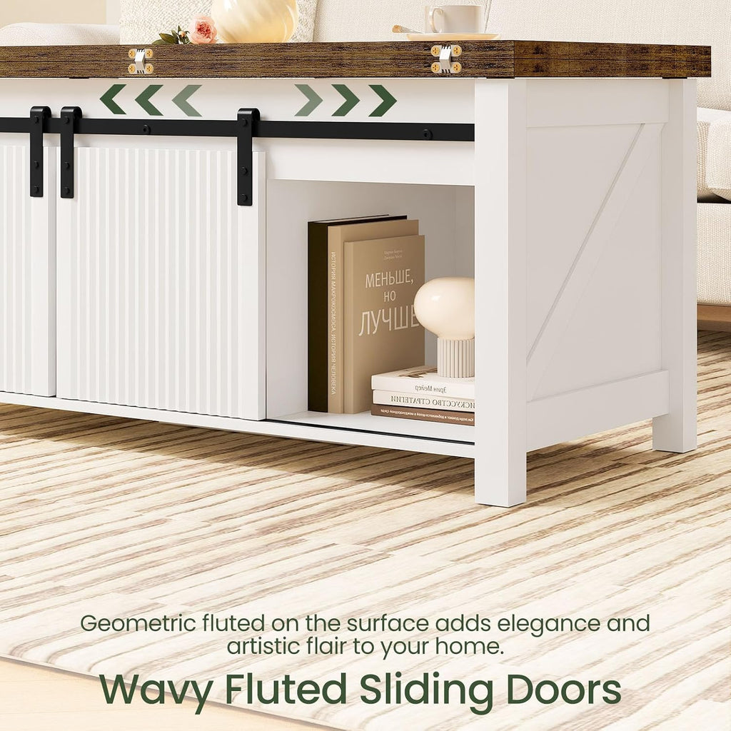 CHOEZON Lift Top Coffee Table, 4 in 1 Convertible Coffee Table, Farmhouse Coffee Tables, with Hidden Compartments, with Sliding Doors, for Living Room, Apartment, White and Walnut MKF01WL
