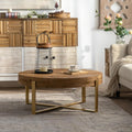 Wood Round Coffee Table, 31 Inch Farmhouse Rustic Fir Wooden Table Top Cross Metal Legs Circle Coffee Table for Living Room, Gold