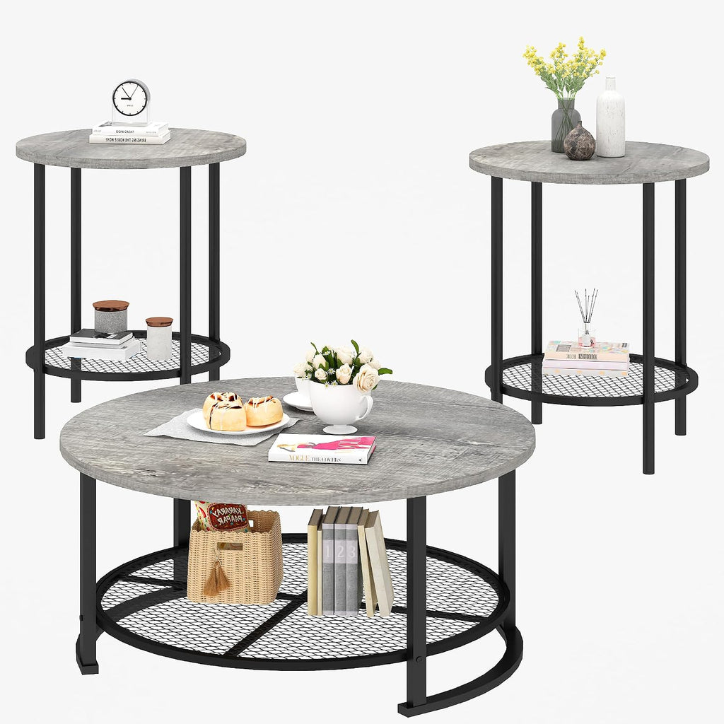 Recaceik Round Coffee Table and End Table Set of 3 with Storage, Modern Vintage Grey Coffee Table and Side Table for Living Room, Office, Apartment, Small Space