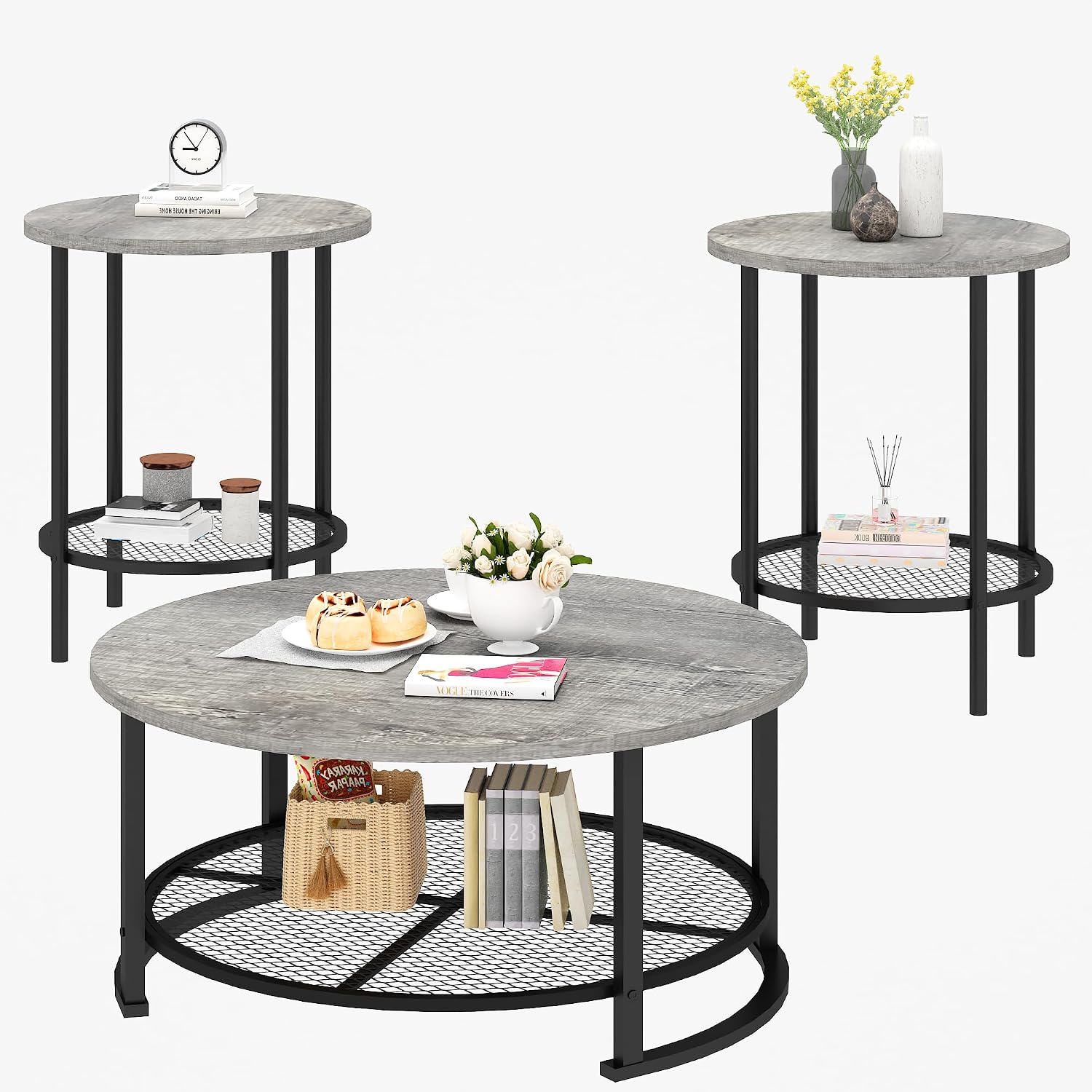 Recaceik Round Coffee Table and End Table Set of 3 with Storage, Modern Vintage Grey Coffee Table and Side Table for Living Room, Office, Apartment, Small Space