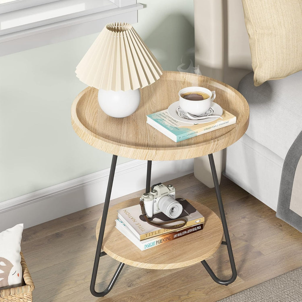 Tribesigns Set of 2 Round Side Table, 2-Tier End Table with Metal Legs, Modern Industrial Beside Table, Small Accent Table Snack Table for Living Room, Bedroom, Small Space, Wood Color
