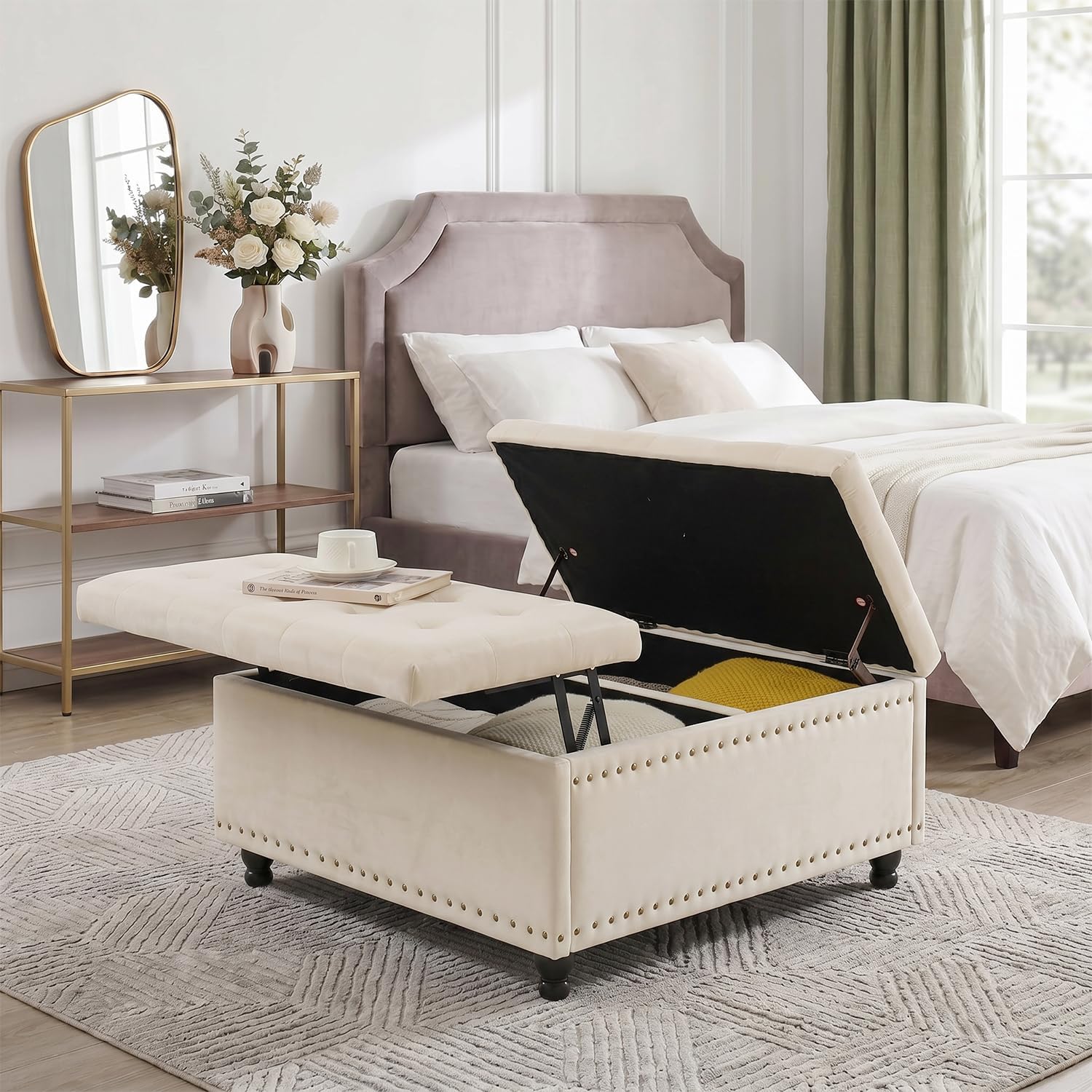 Tbfit Large Square Storage Ottoman Bench, Tufted Upholstered Coffee Table Ottoman with Lift Top & Wooden Legs, Oversized Storage Ottomans Toy Box for Living Room (Beige Velvet)