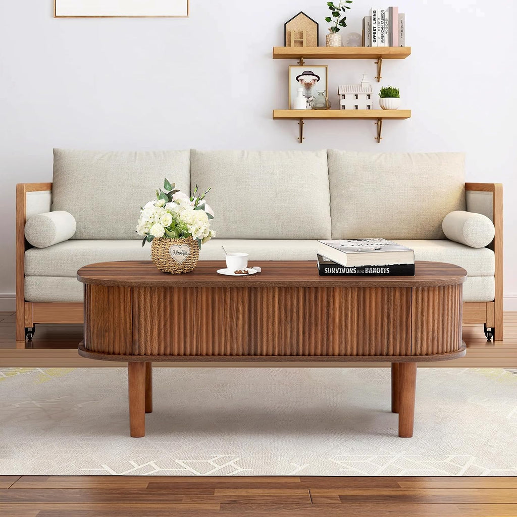 Fully Assembled Fluted Lift Top Coffee Table with Hidden Compartment, Wooden Center Table, Modern Oval Lift Tabletop for Home Living Room Office, Walnut