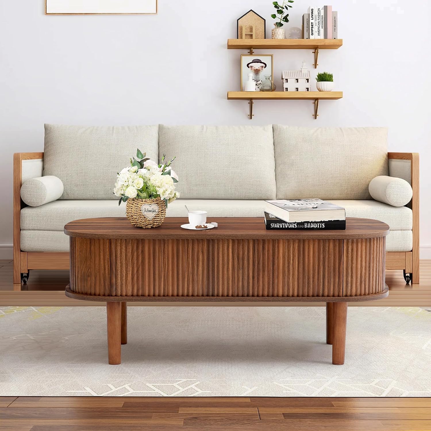 Fully Assembled Fluted Lift Top Coffee Table with Hidden Compartment, Wooden Center Table, Modern Oval Lift Tabletop for Home Living Room Office, Walnut