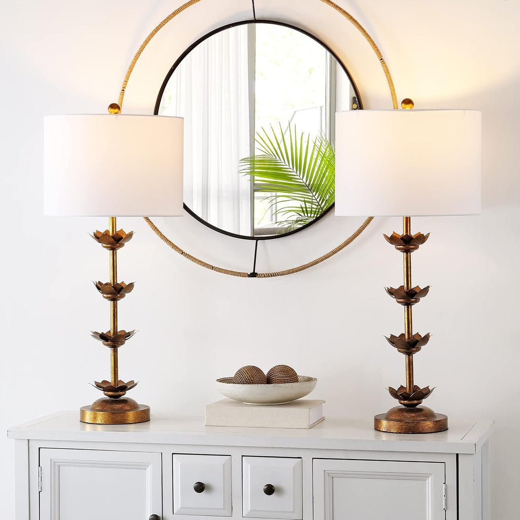 SAFAVIEH Lighting Collection – Set of 2 Lani Antique Gold Leaf 32-Inch Table Lamps, White Drum Shade, LED Bulbs Included, Bedroom Living Room Home Office (TBL4016A-SET2)