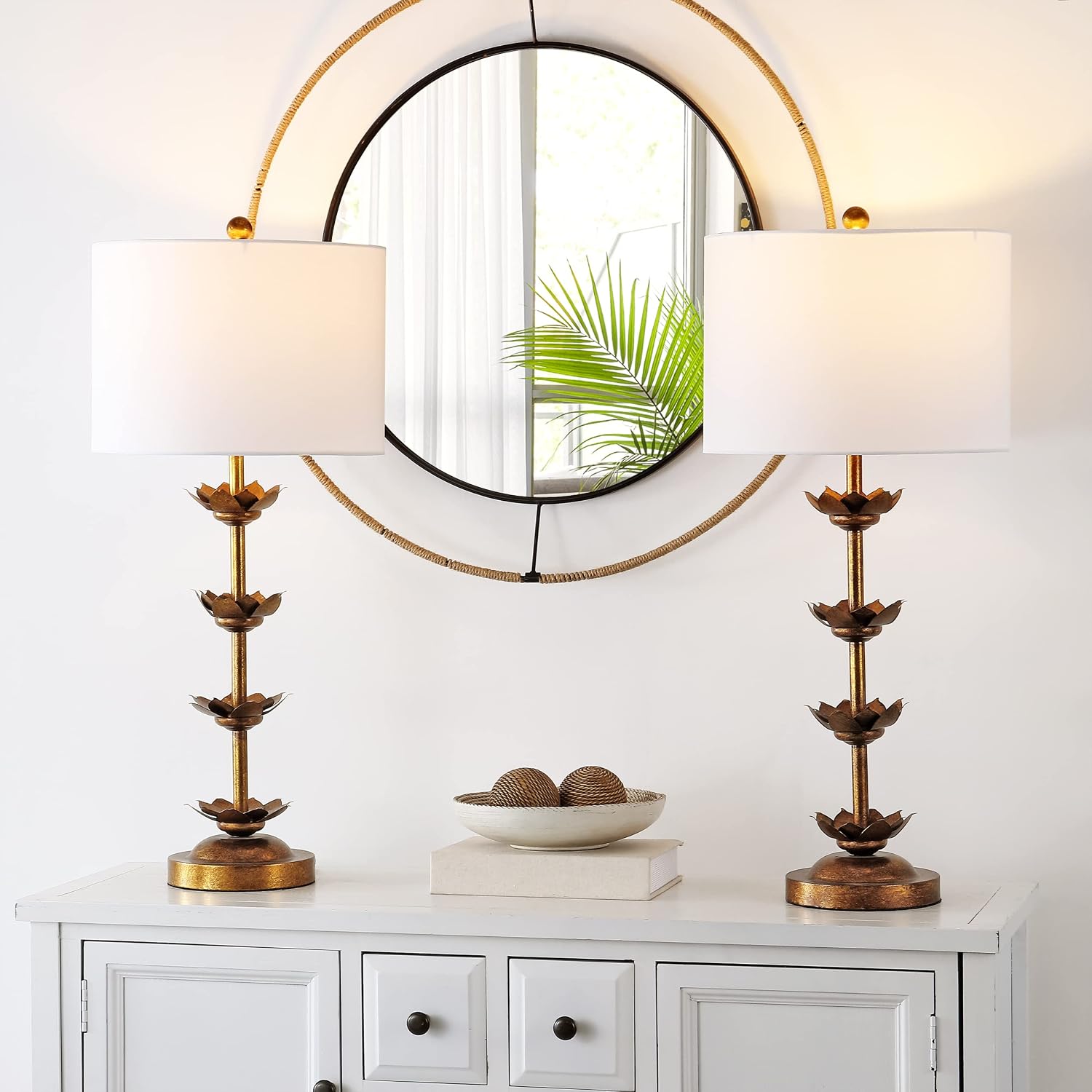 SAFAVIEH Lighting Collection – Set of 2 Lani Antique Gold Leaf 32-Inch Table Lamps, White Drum Shade, LED Bulbs Included, Bedroom Living Room Home Office (TBL4016A-SET2)