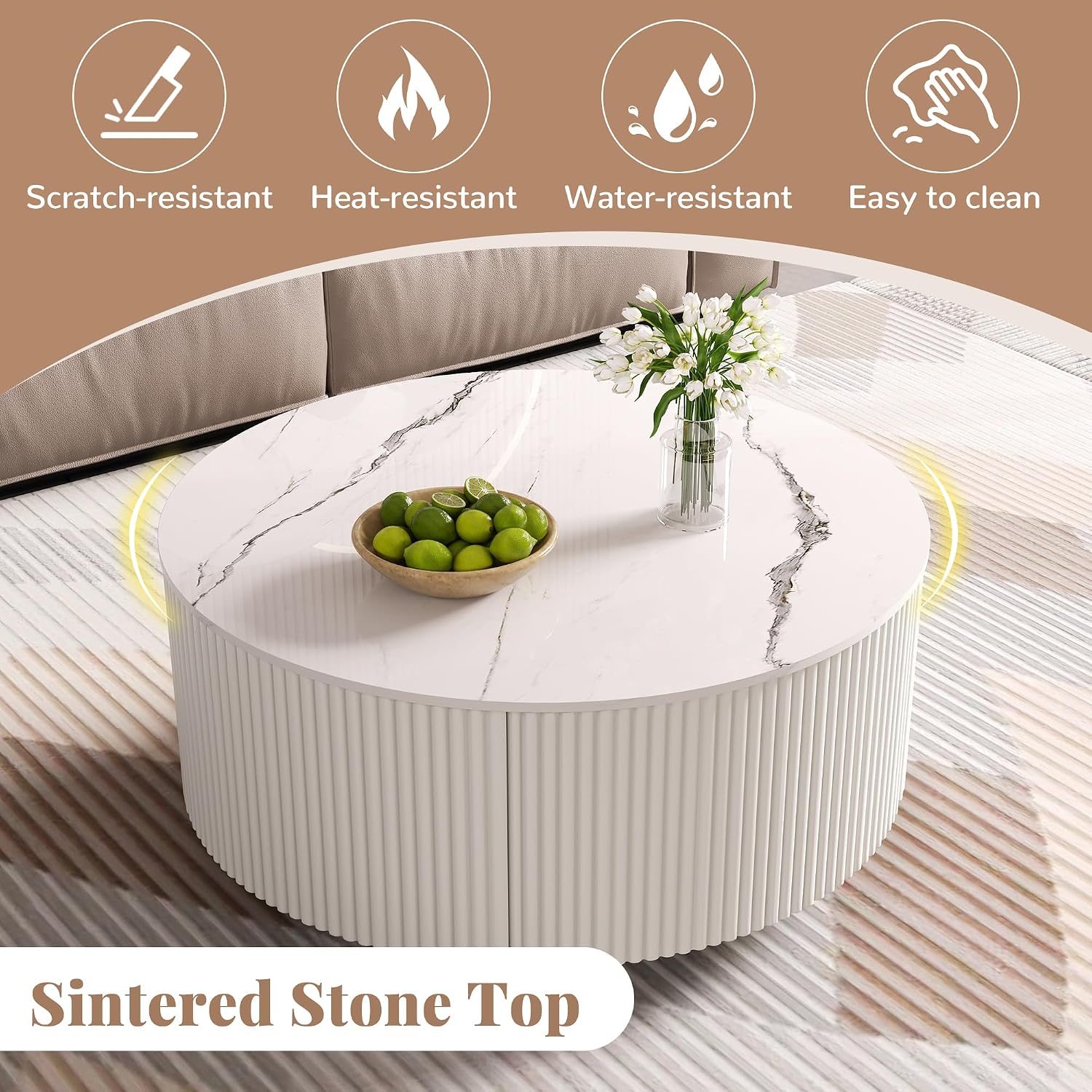 Merax 29.5' Round Fluted Coffee Table for Living Room, Movable Accent Table with Casters and 2 Storage Drawers, Marble Pattern Sintered Stone Top, White